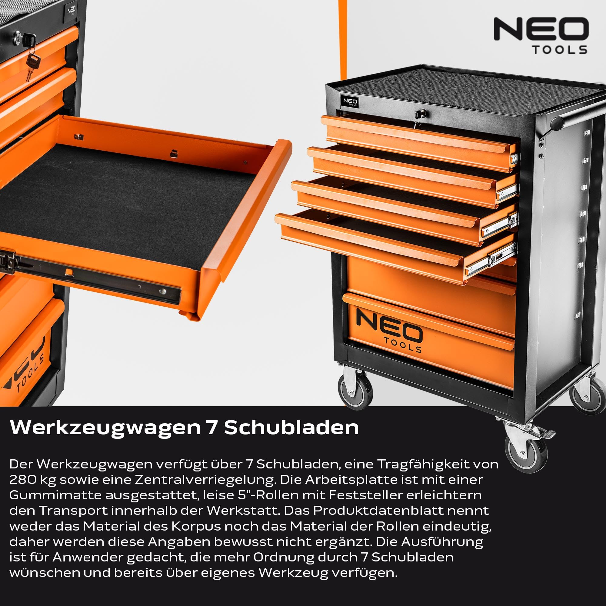 NEO TOOLS Werkzeugschrank 680x460x1030 mm, 7 Werkzeugschubladen, Belastbarkeit 280 kg, öl- und fettbeständiges Oberteil, Zentralverriegelung, Schubladenverriegelung, 5"-Lenkrollen mit Feststellern