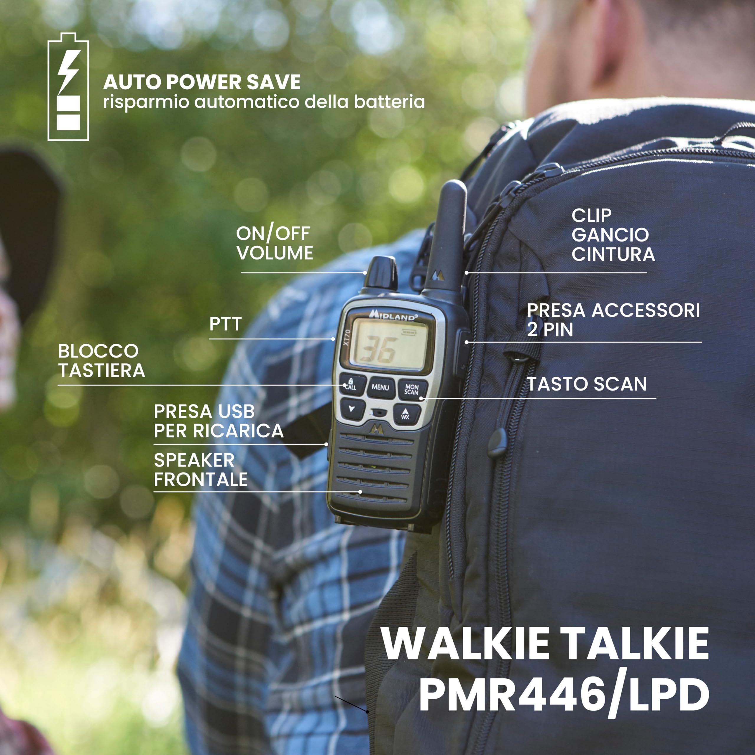 Midland - Walkie Talkie XT70, 2 Ricetrasmittenti Professionali Dual Band 93 Canali - 69 LPD/24 PMR446 Senza Licenza, Autonomia 18H, Copertura 12Km, Ricarica Rapida e Accessori, 38 toni CTCSS + 83 DCS