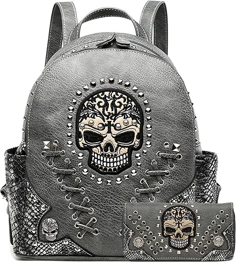 Sugar Skull Punk Art Rivet Stud Biker Purse Women Fashion Backpack Python Daypack Shoulder Bag Wallet Set, Large (Grey Set)