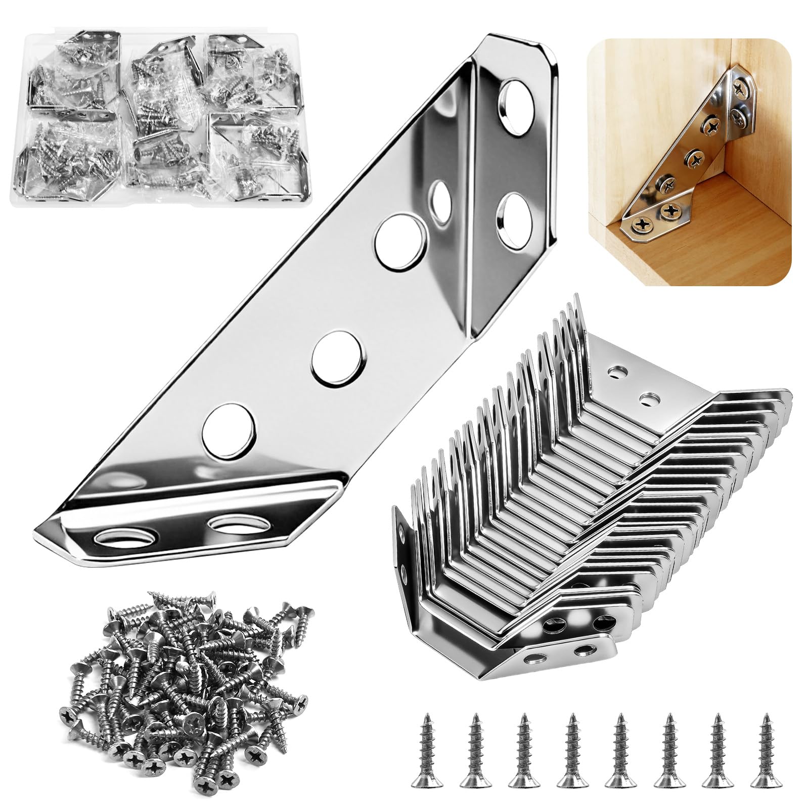 Confezione da 24 staffe angolari in acciaio inox di alta qualità per legno, resistenti per mobili, staffe angolari per armadi, tavoli, sedie, cassetti, staffe triangolari universali in metallo con 144
