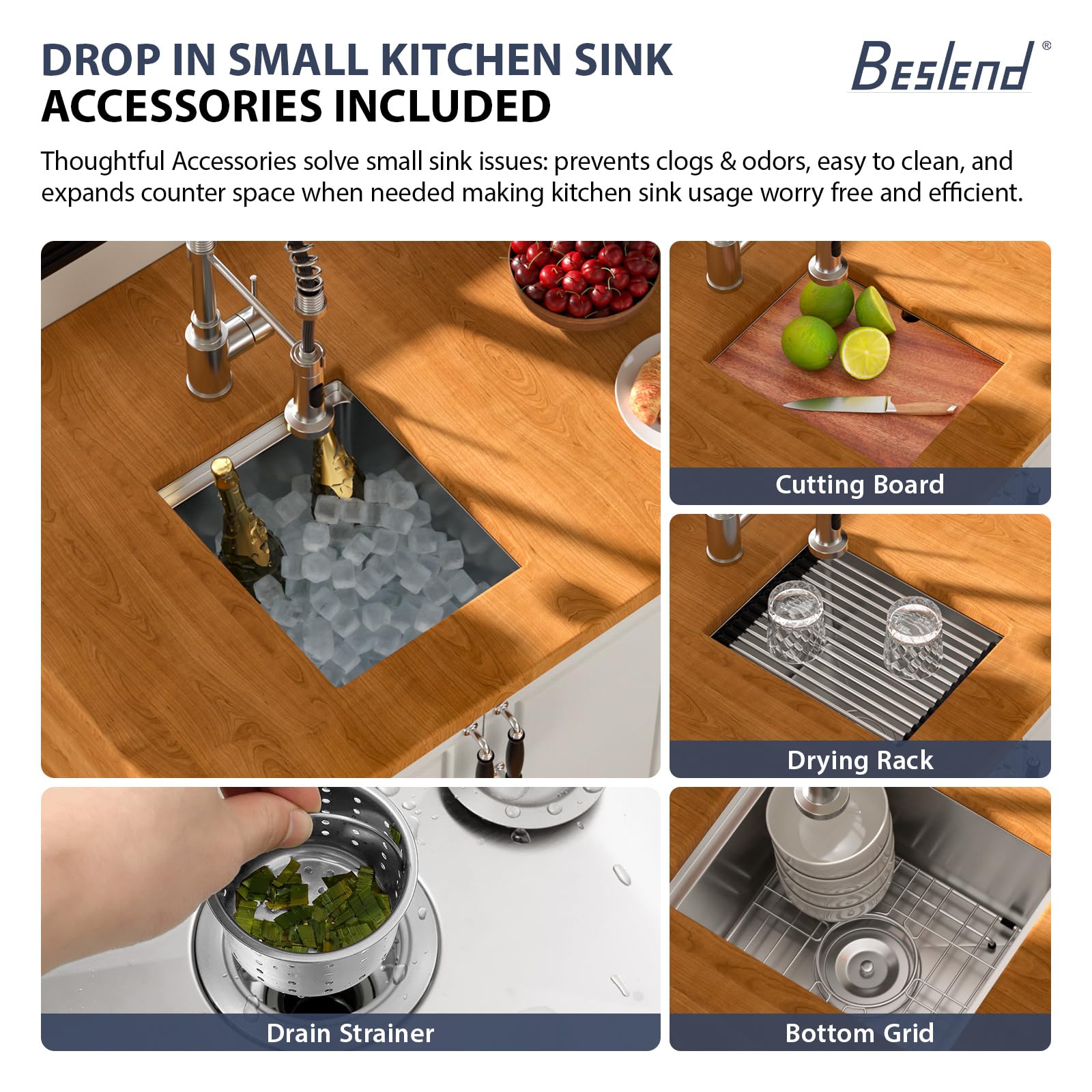 14 Inch Undermount Kitchen Sink - Beslend Under Counter Bar Sinks Stainless Steel Single Bowl - View #3