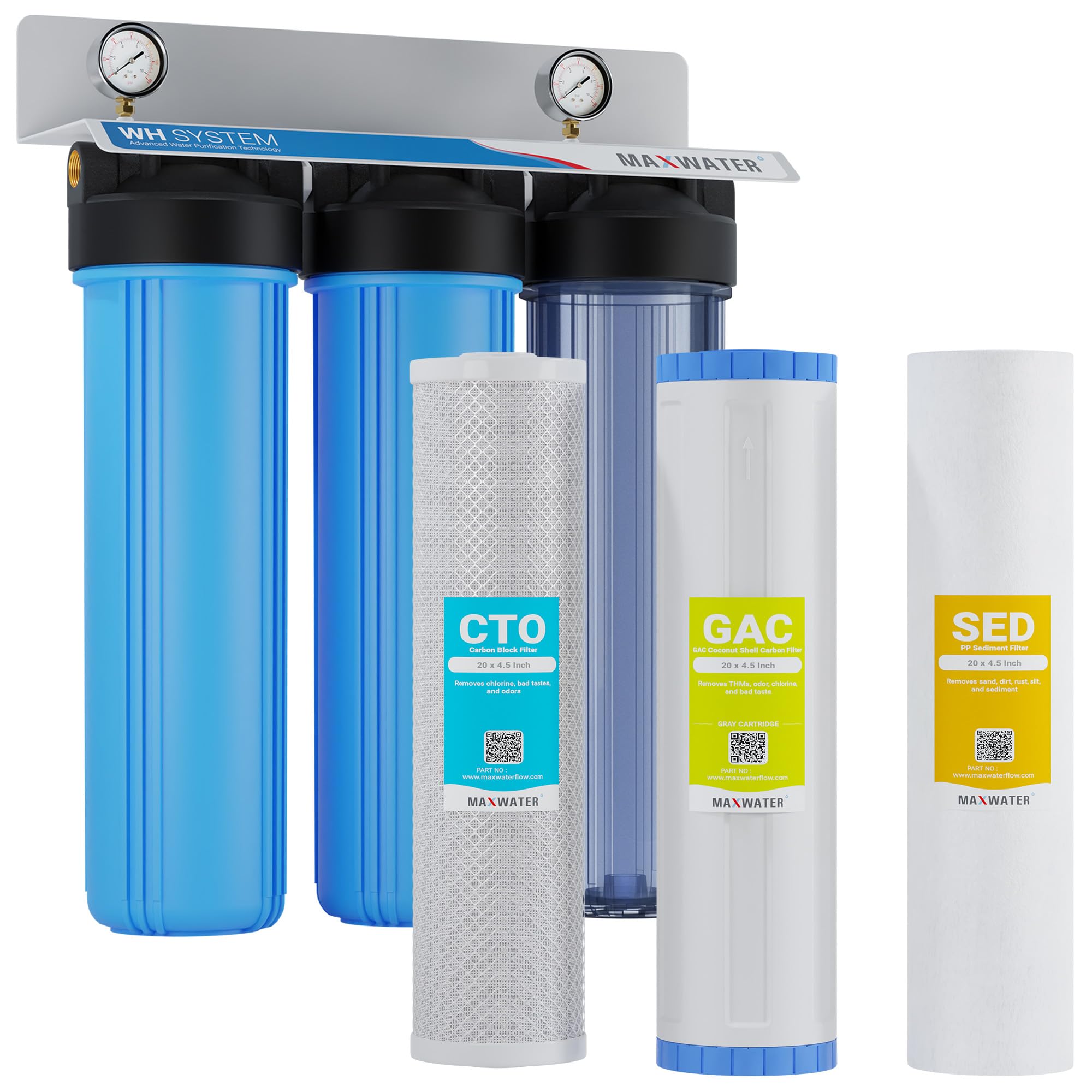 Max Water Whole House Water Filtration System 3-Stage Pre-Filtration with Sediment GAC CTO Carbon Filters Reduce Odor Chlorine