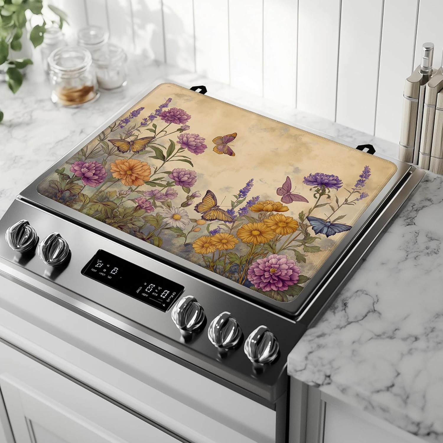 Stove Top Covers for Electric Stove,Vintage Flowers Butterfly Glass Top Cover Non-Stick Kitchen Pad for Gas Cooktop Washable Countertop Protector Mat Keep Stove Clean 28.5'' x 20.5''