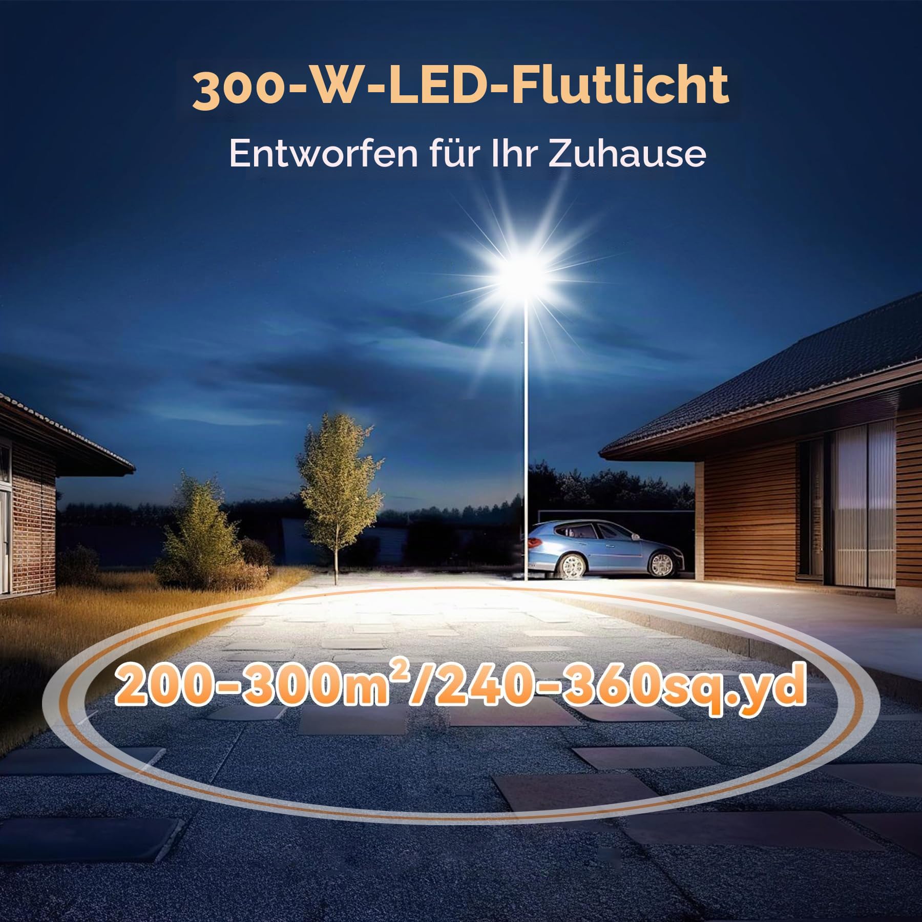 Extrem helle 300W LED Flutlichter Außen, Neue verbesserte Sicherheitsleuchte 2026, 30000LM helle Stadionleuchten, 6000K Tageslichtweiß, IP65 wasserdicht, verstellbarer Außenflutlichter für Haus- Grau