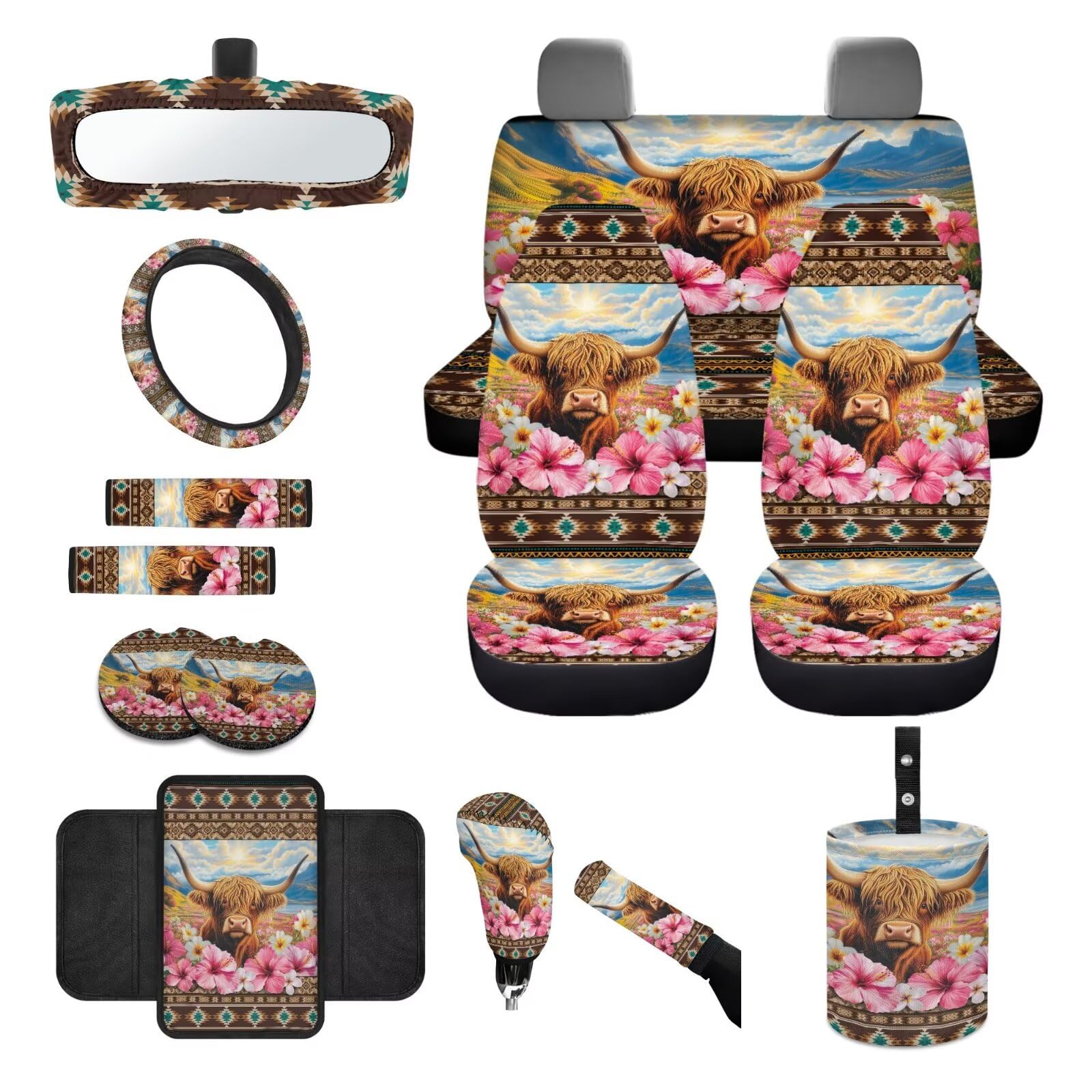 Set completo di coprisedili per auto con stampa di ibisco azteco, anteriore e posteriore, coprivolante, console centrale, imbottiture per cinture di sicurezza, sottobicchieri e coppe