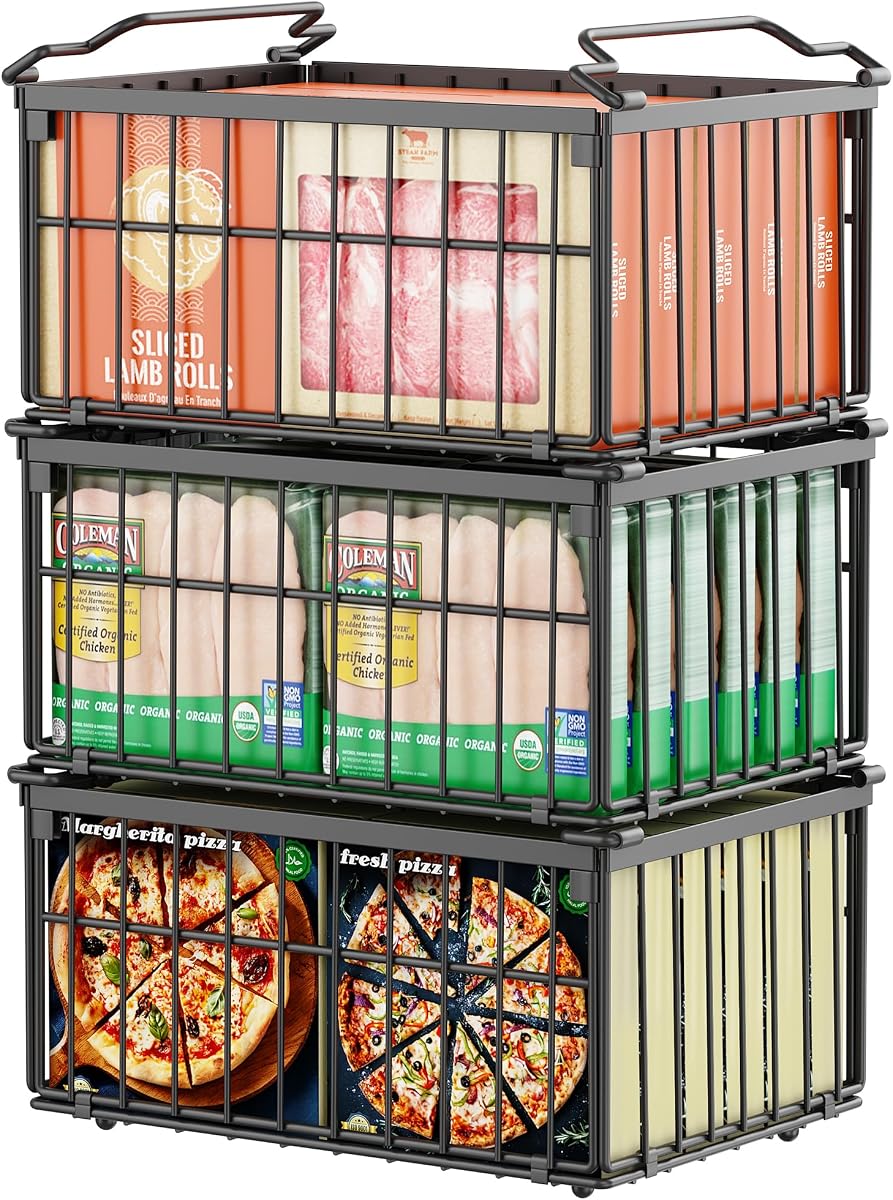 Contenedores organizadores para congelador, paquete de 3 cestas agrandadas para congelador profundo de 5 a 9 pies cúbicos | Contenedores organizadores apilables para congelador, plegables con asas, cestas de almacenamiento negras para clasificar carnes congeladas