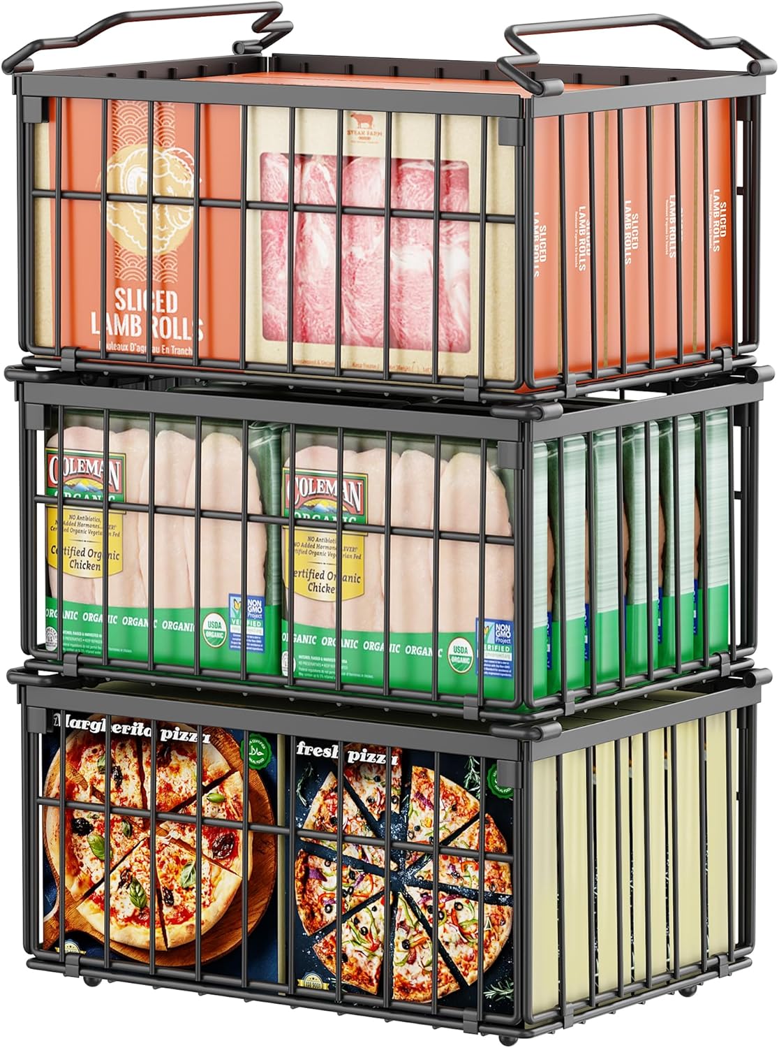 Freezer Organizer Bins, 3 Pack Enlarged Baskets for 5-9 Cu.FT Deep Freezer