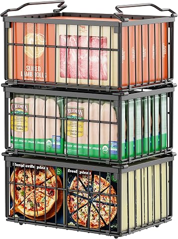 Freezer Organizer Bins, 3 Pack - Stackable, Foldable Storage Baskets for 5-9 Cu.