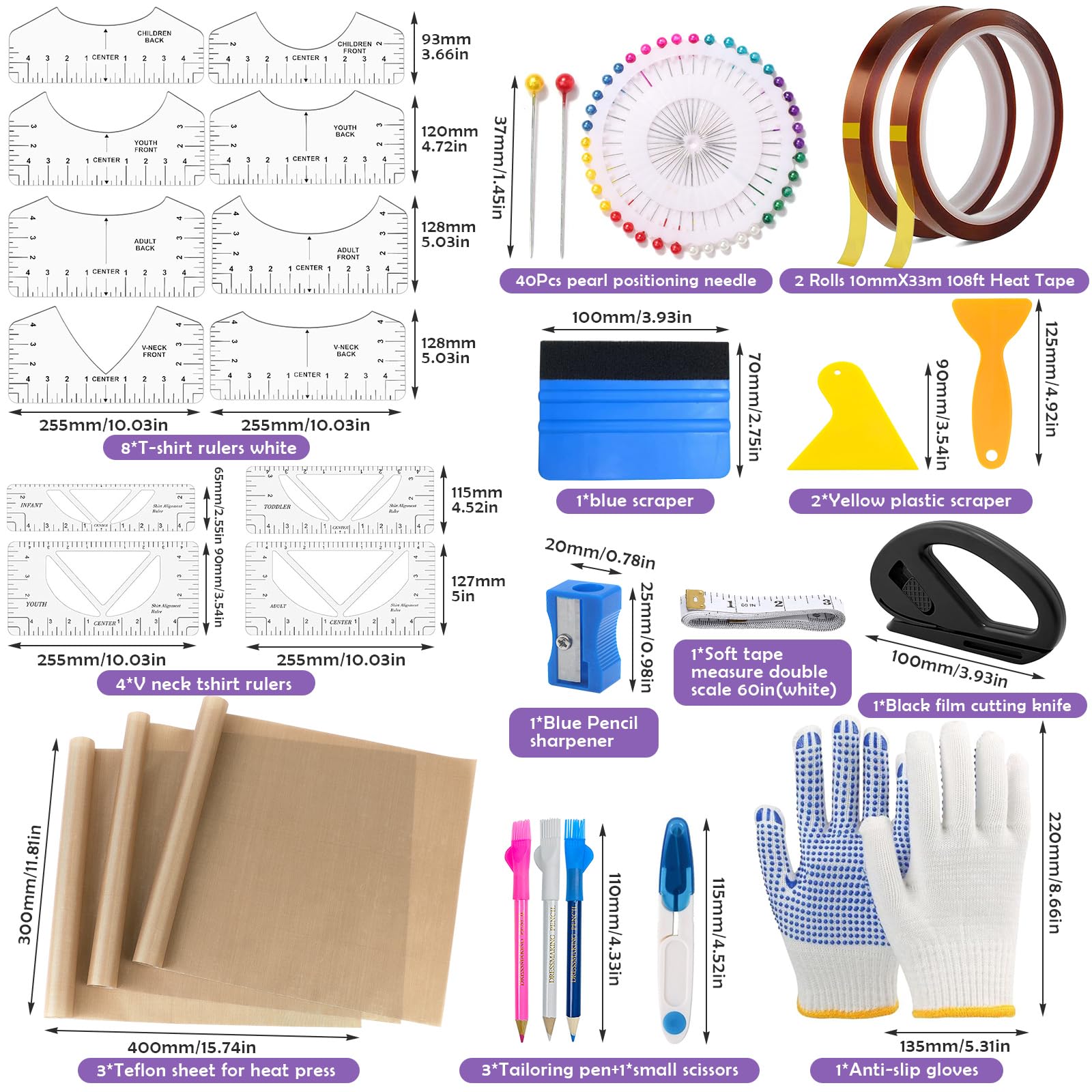 29 pezzi maglietta a sublimazione set di attrezzi per magliette, righello di allineamento, accessori con 3 pellicole di teflon per pressa di calore, 2 rotoli di nastro adesivo resistente al calore
