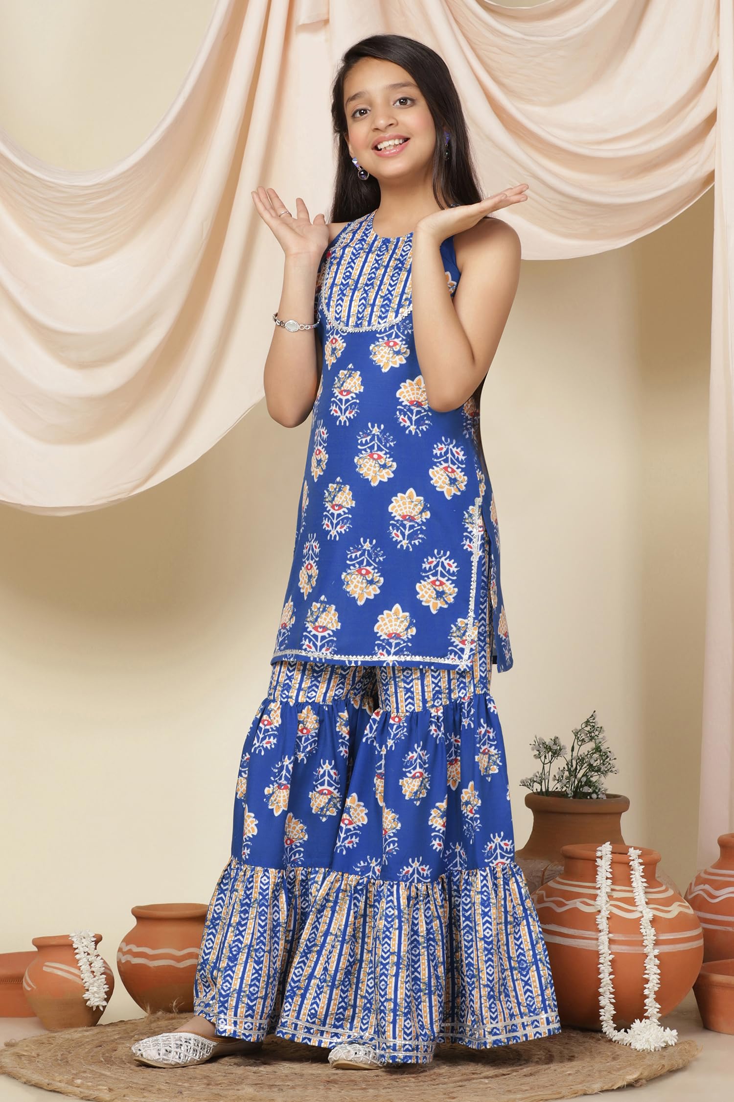 Fashion Dream Girls Cotton Blend Printed Salwar Suit |Suit Set|Girl Outfit|Sharara Set(FDGSET00113 BLU 28_Blue_7-8Yrs) - Image 5 thumbnail