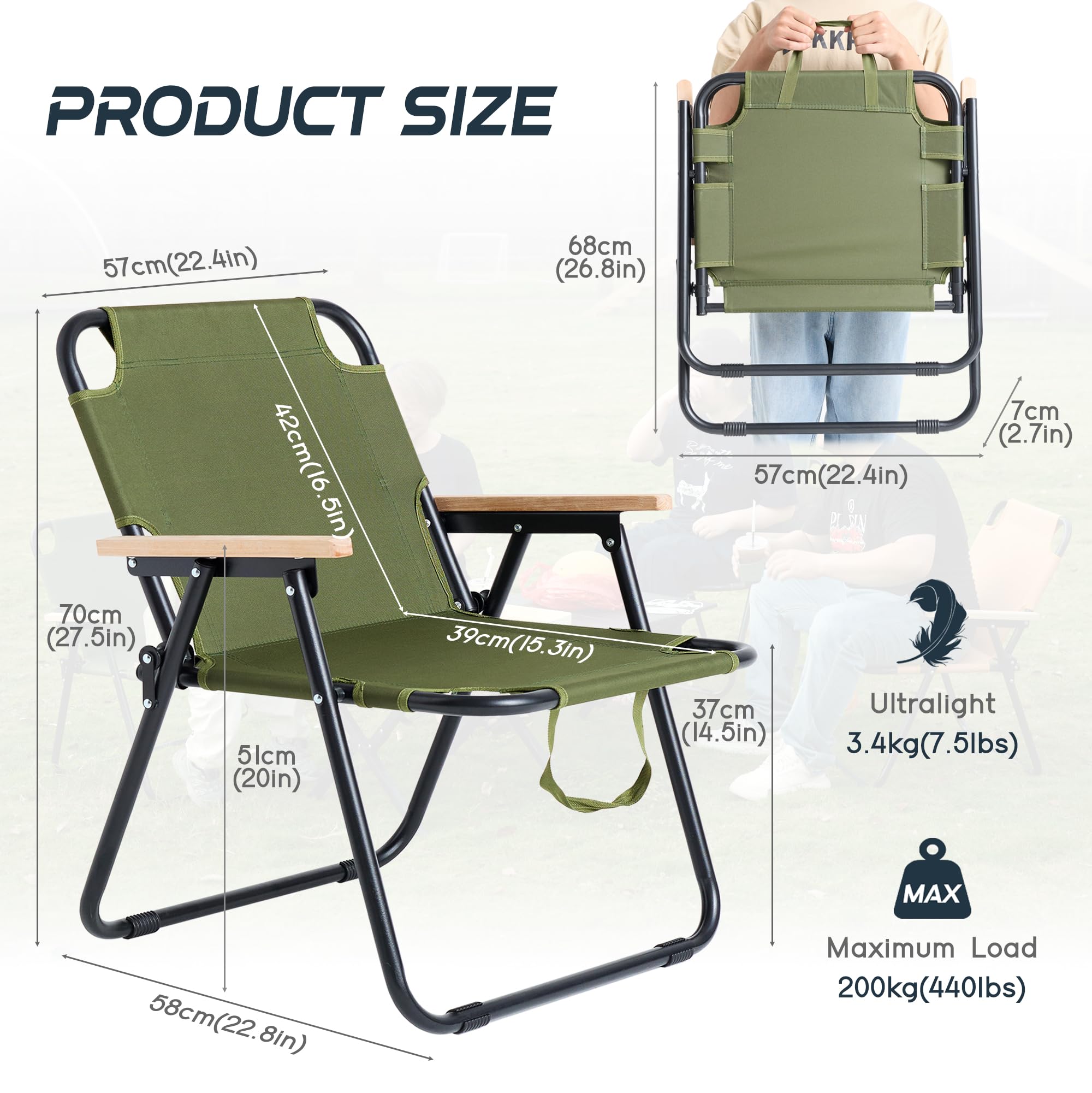 Campingstuhl Faltbar Klappstuhl Camping, Faltstuhl Camping, Klappbare Campingstühle mit Armlehnen, Tragbarer Stuhl Gartenstuhl Anglerstuhl, für Picknick Angeln Strand Garten - Grün