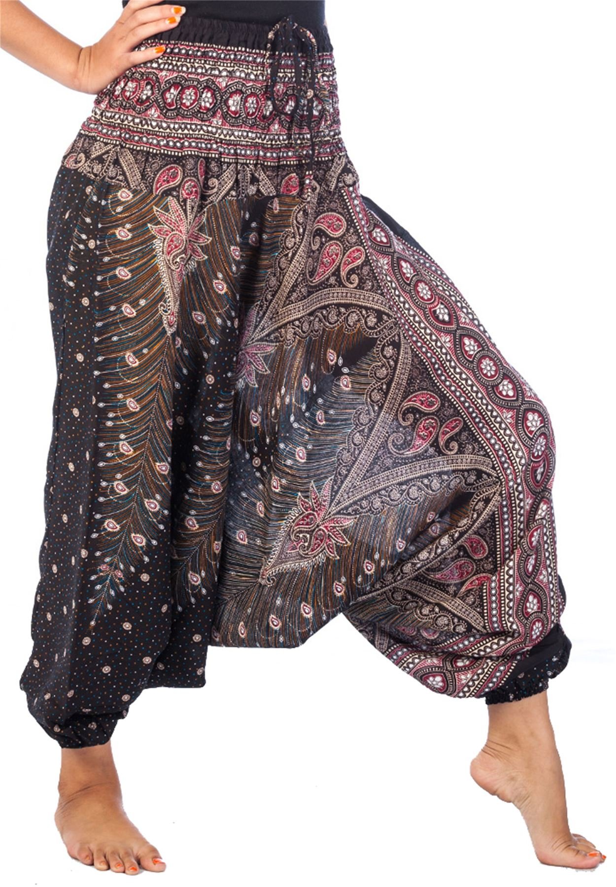 Lofbaz Women's Peacock 1 Black & Red Peacock 2 In 1 Harem Trousers Jumpsuit Black & Red M