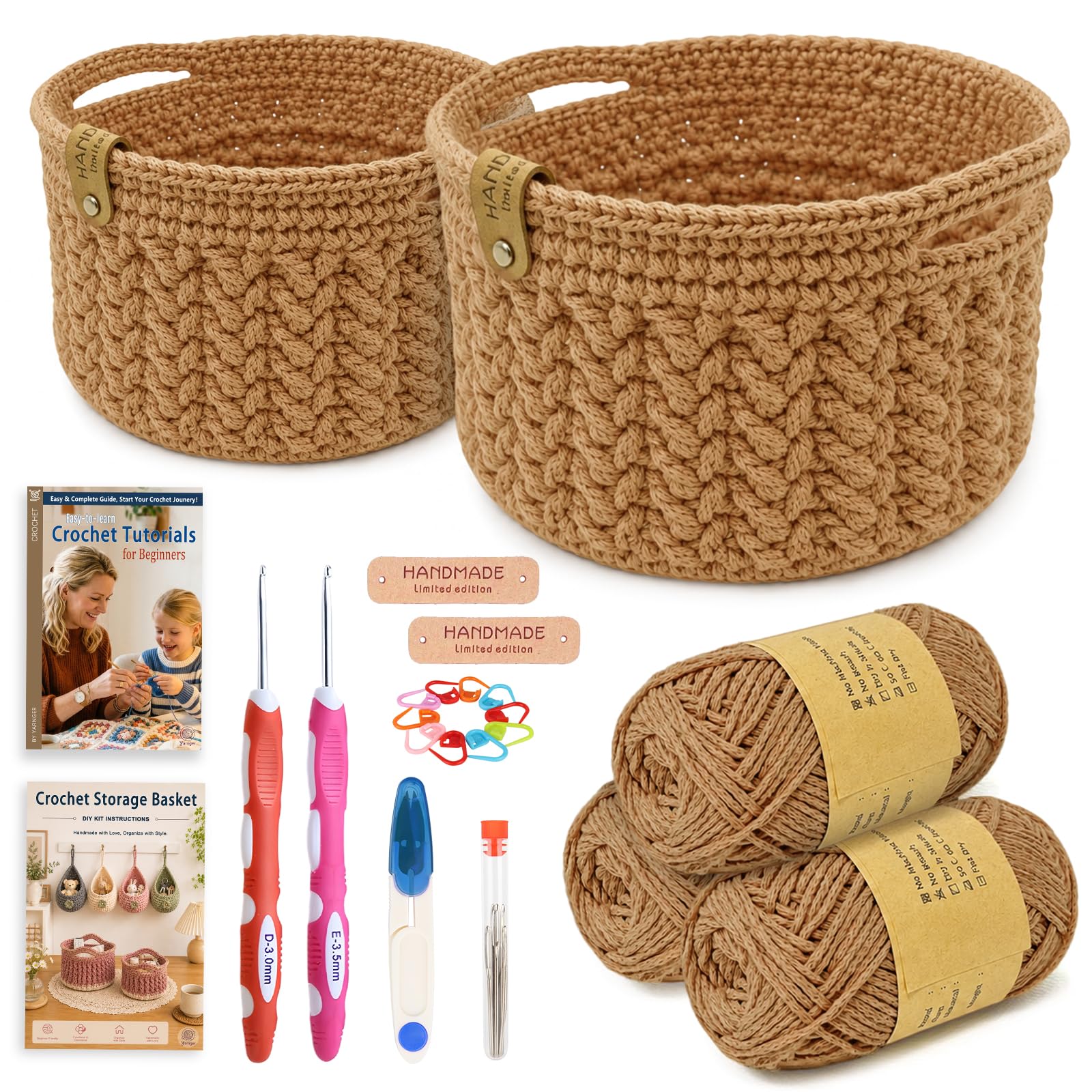 Yarnger Crochet Basket Kit, 2 Round Basket Crochet Kit with Thick Cotton Yarn, Crochet Hooks, Step-by-Step Instruction, Practical Crochet Kit for Beginners, Perfect Craft Kit for Home Storage, Camel