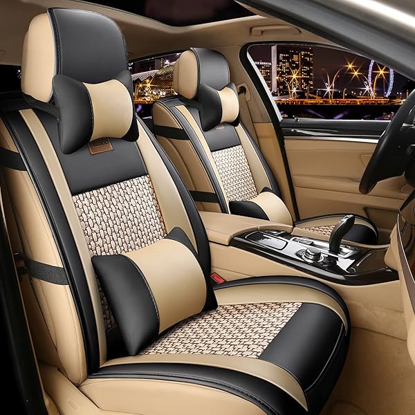FREESOO Car Seat Cover Cushions PU Leather, Front Rear Full Set Car Seat Covers for 5 Seats Vehicle Suitable for Year Round Use(Black)