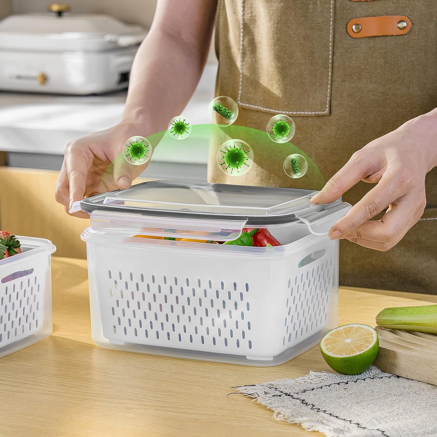 5 recipientes de almacenamiento de frutas para refrigerador con colador extraíble y juego de picador, recipientes de almacenamiento de alimentos a prueba de fugas con tapas, aptos para lavavajillas y