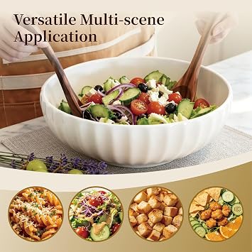 12-Inch Large Ceramic Salad Bowl Set with Wooden Servers, Decorative Serving Bowl with Ribbed Design for Pasta, Fruit (White)
