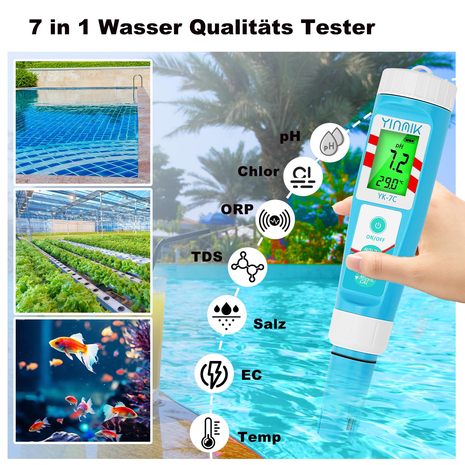7 in 1 Pool pH Messgerät, Digitales pH- und Chlormessgerät, Salzgehaltmessgerät für Salzwasserpools, YINMIK All-in-One pH CL Salz ORP TDS EC Temperatur Prüfer für Aquarium Hydroponik Trinkwasser