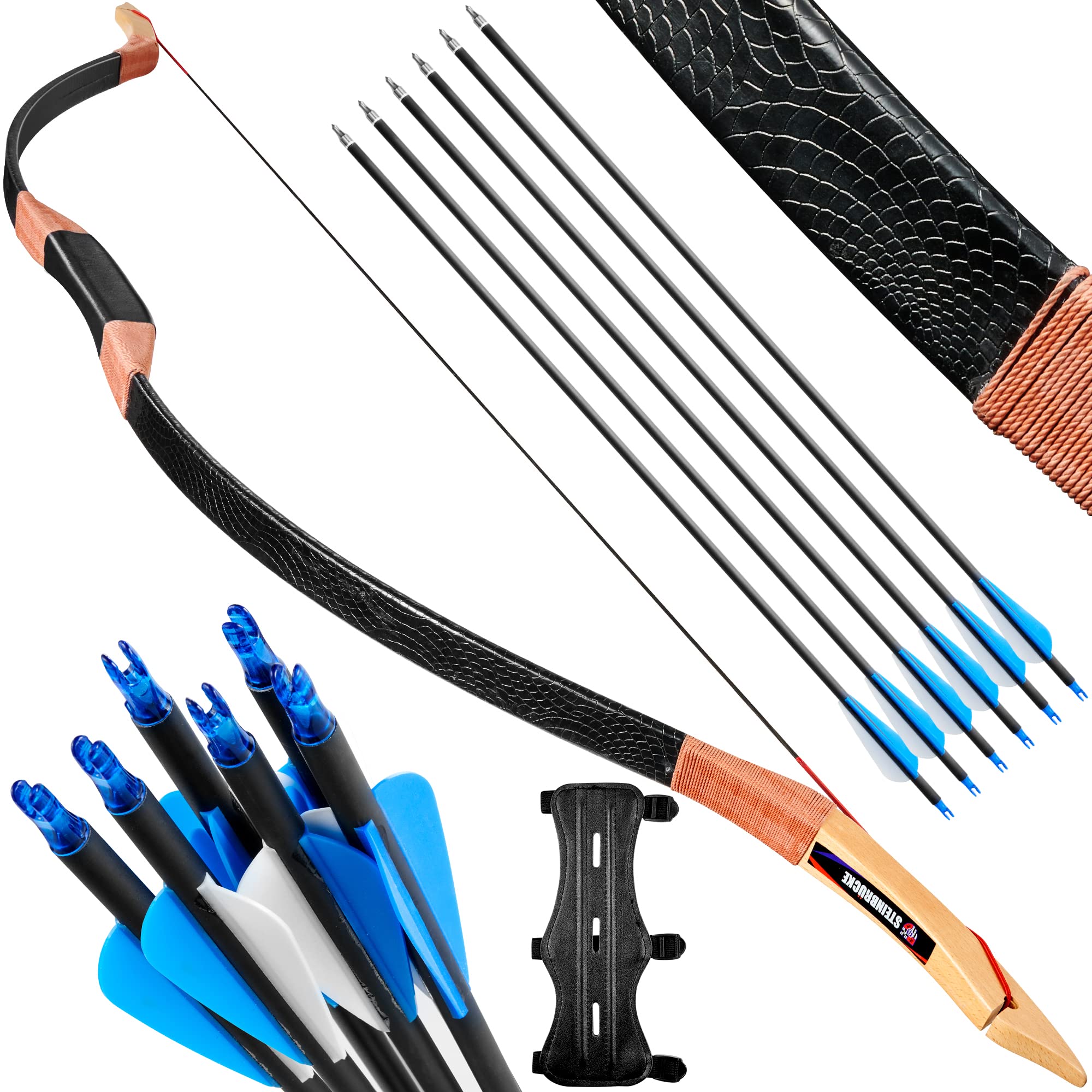 Photo 1 of 58” Traditional Wooden Hunting Longbow - Bow and Arrow Set with 6 Arrows, Recurve Bows for Adults, Bowhunters 70lb
