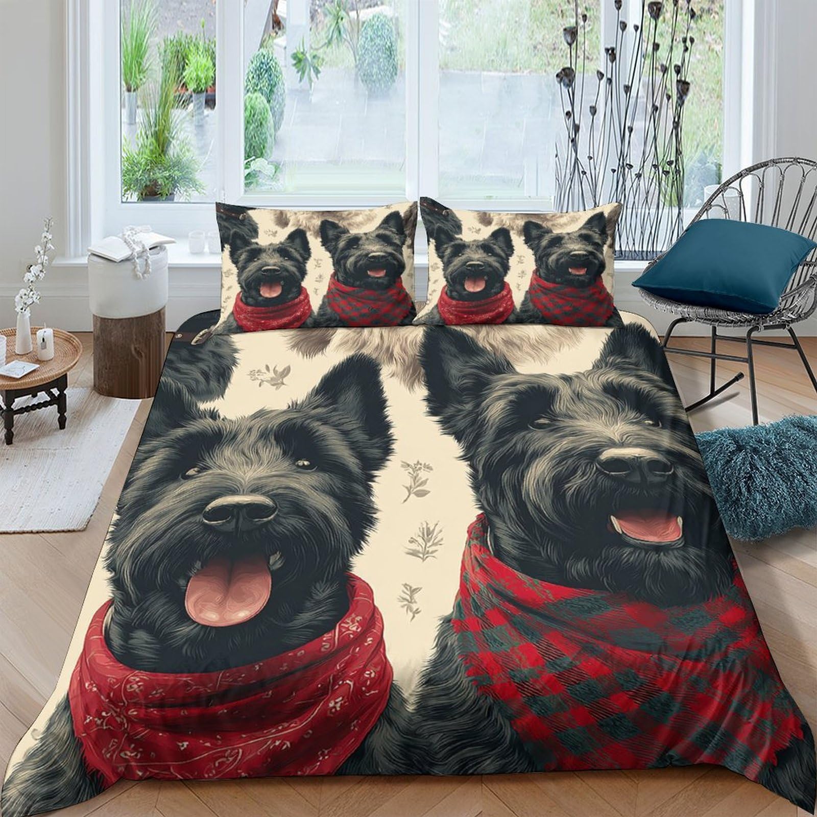 Ctjqhvkz Style-5 3D Printed Black Scottish Terrier Fitted Sheet Microfiber Red Plaid Dog Bed Cover Anti-Slip Machine Washable For Bedroom Guest Room Single（135X200cm）
