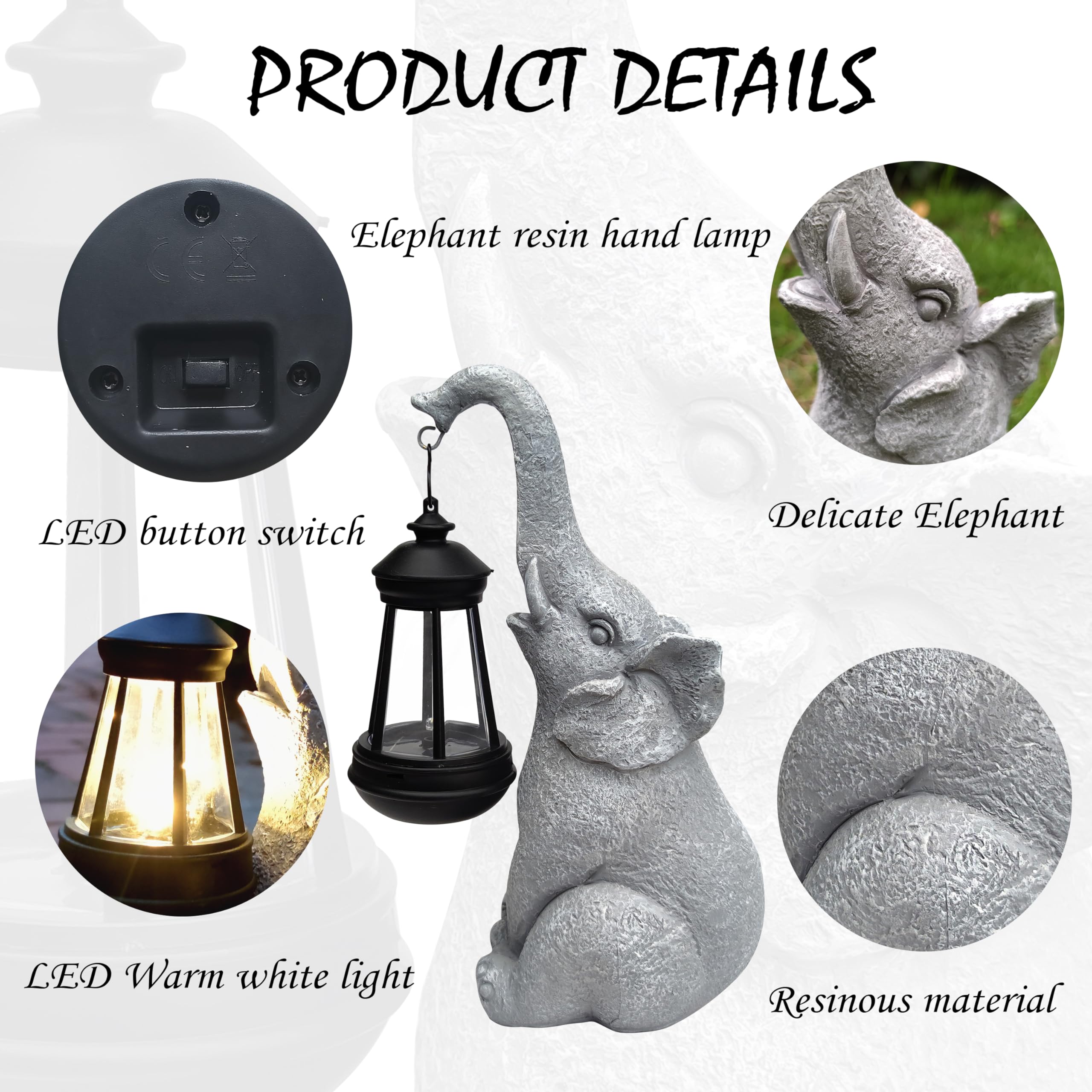 Estatuas solares de elefante para jardín, decoración de elefante de resina con linterna de luces solares, figuras para exteriores, césped, jardín, decoración artística para césped, patio