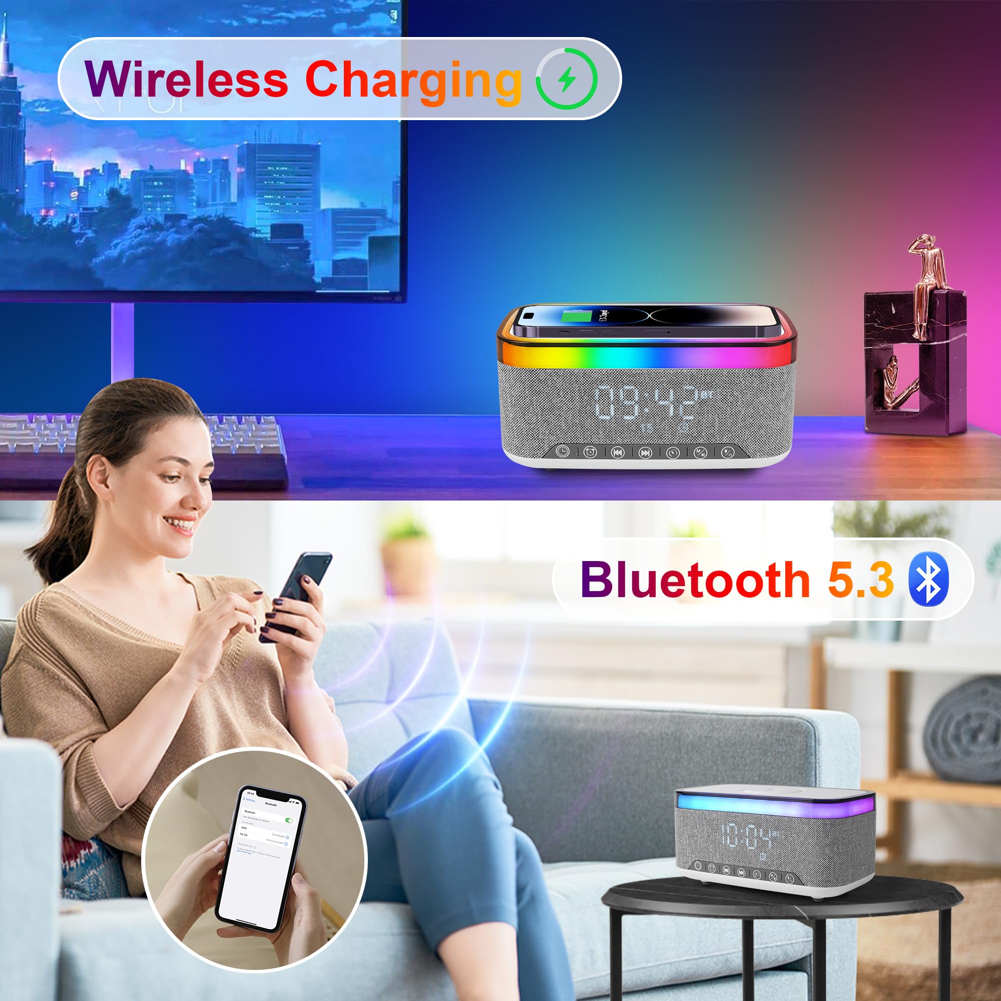 Lampe de charge sans fil, Veilleuse RVB multifonctionnelle, Station de charge sans fil, Haut-parleur Bluetooth, Réveil numérique pour chambre/camping/décor de salon