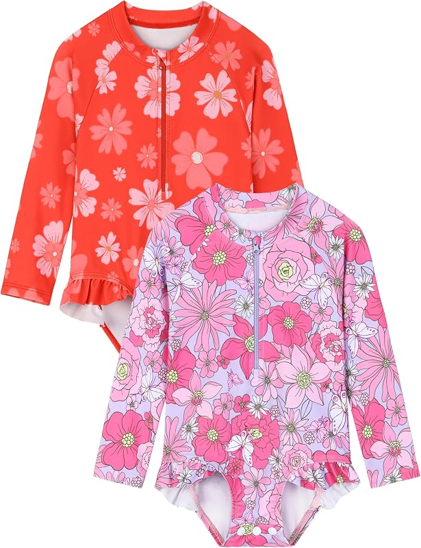 2 Pack Baby Toddler Girl Long Sleeve Ruffle Swimsuit Floral One-Piece Zipper Rash Guard UPF 50+Sun Protection