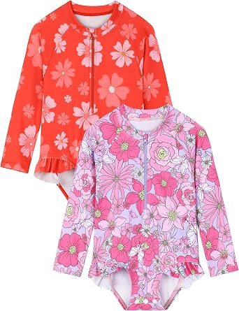 2 Pack Baby Toddler Girl Long Sleeve Ruffle Swimsuit Floral One-Piece Zipper Rash Guard UPF 50+Sun Protection