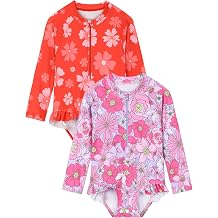 2 Pack Baby Toddler Girl Long Sleeve Ruffle Swimsuit Floral One-Piece Zipper Rash Guard UPF 50+Sun Protection