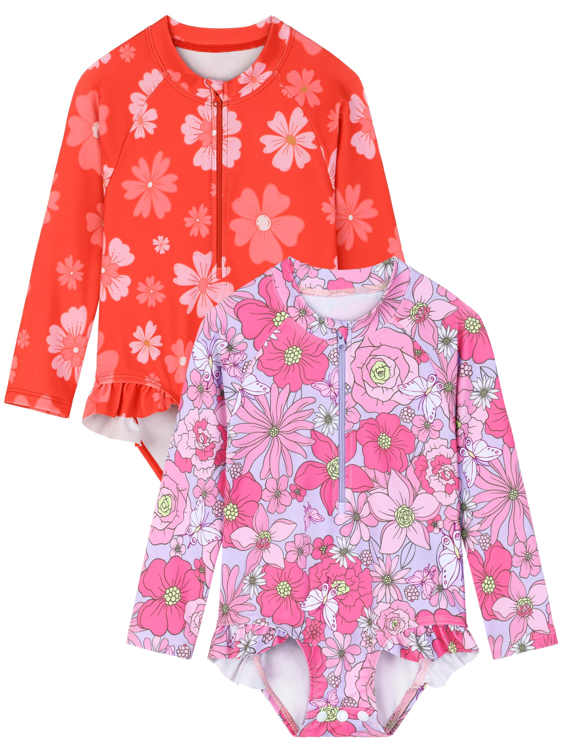 2 Pack Baby Toddler Girl Long Sleeve Ruffle Swimsuit Floral One-Piece Zipper Rash Guard UPF 50 Sun Protection
