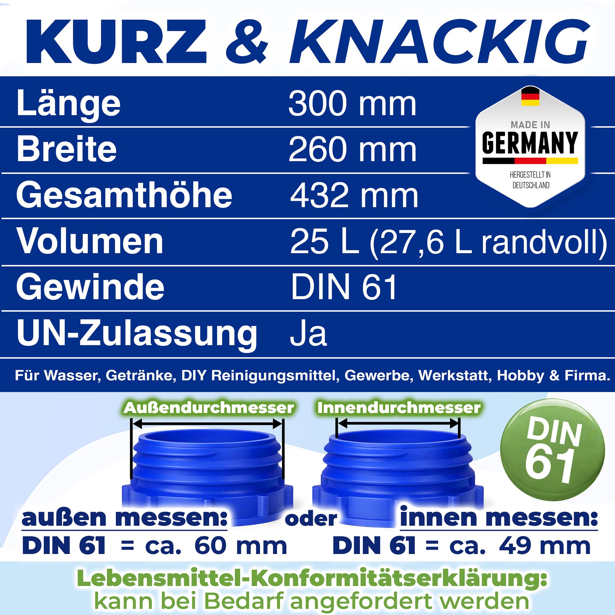 Kosmetex 25L Kanister, BPA frei & lebensmittelecht, Made in Germany | Wasserkanister 25 Liter für Camping, Garten, Gewerbe & Haushalt, Robust, Geschmacksneutral für Wasser & Getränke