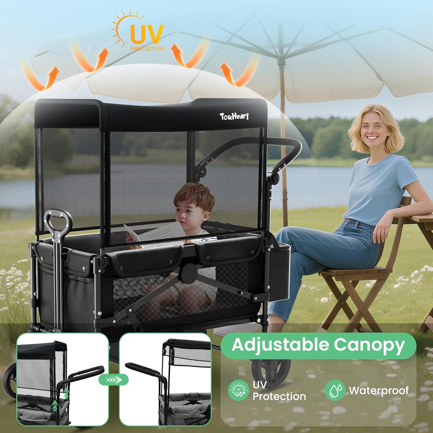 Wagon Stroller for 2 Kids, Foldable All-Terrain Wagon Stroller with Shock-Absorbing Wheels, 5-Point Harness, Removable Canopy & Storage Bag, Portable Push Pull Wagon for Infants Toddlers, Black
