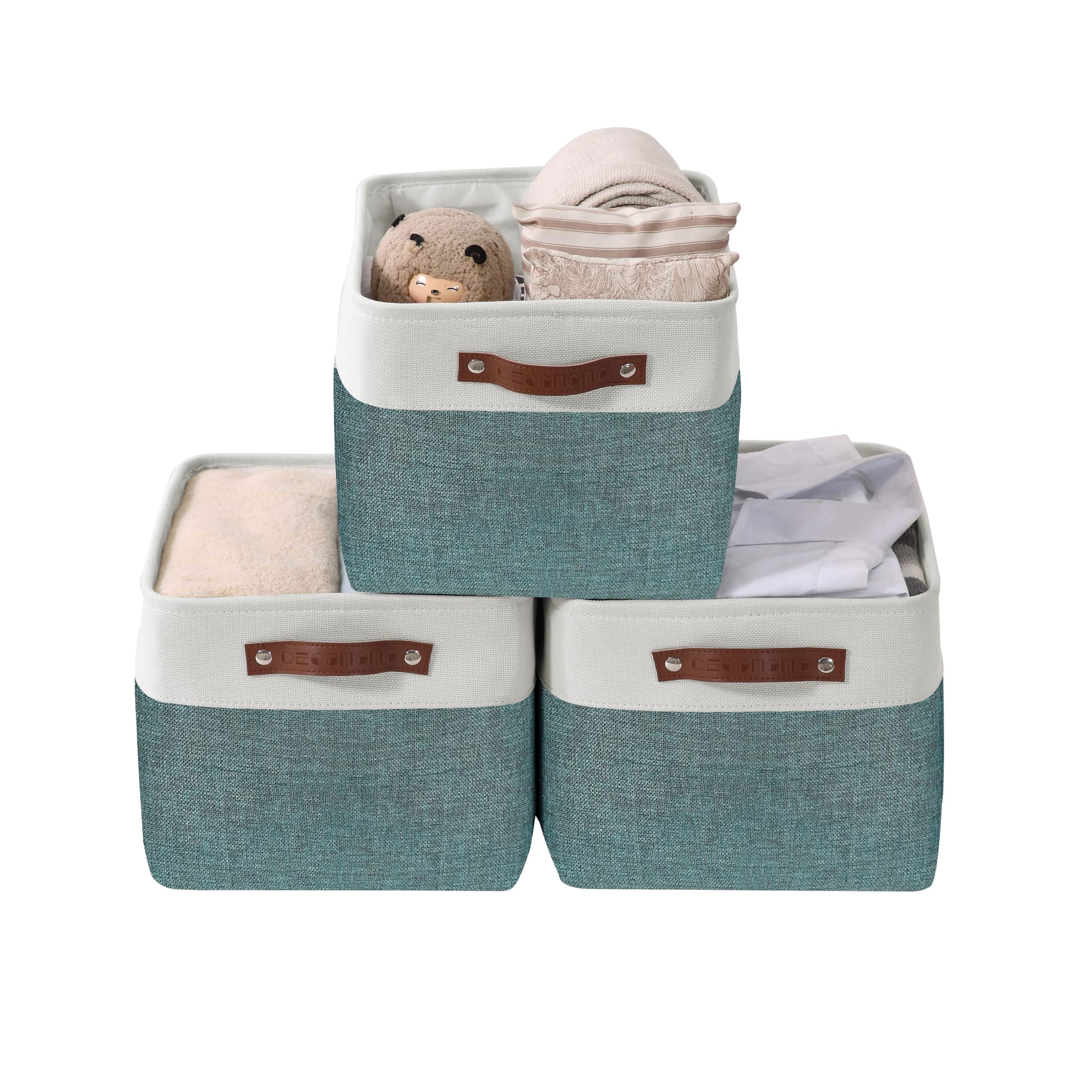 DECOMOMO Cestas de almacenamiento | Cajas de almacenamiento de tela organizadoras de almacenamiento para armario, juguetes, estantes, oficina, hogar y guardería (extra grande, verde y blanco, 15.8 x | Organizadores decorativos de lino para armario de 15.8