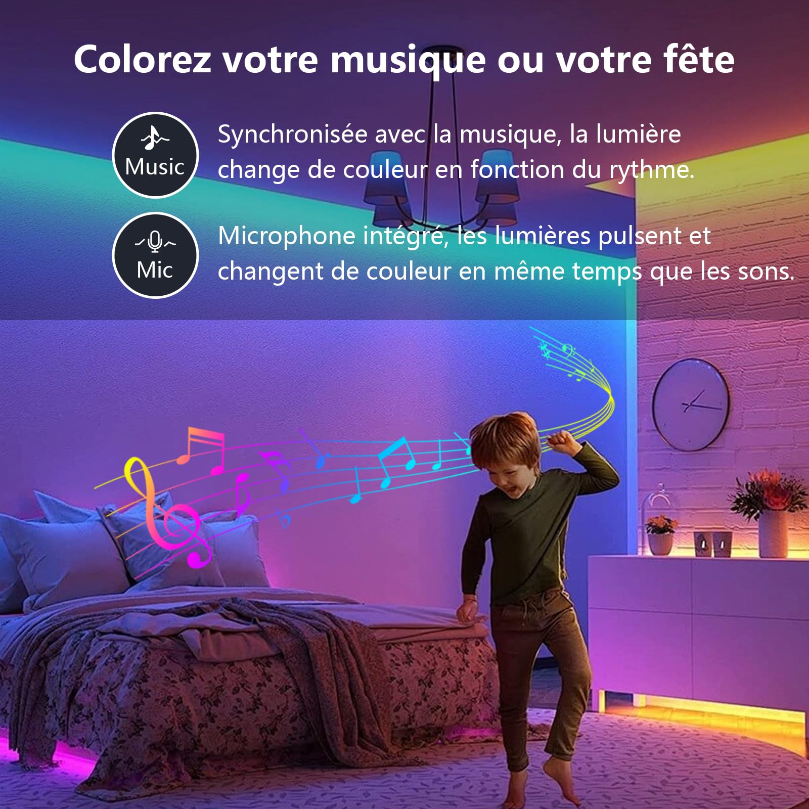 Ruban LED 10m RVB - Contrôle Par App/Télécommande 44 Touches, Sync Avec Musique | Décoration Chambre, Gaming