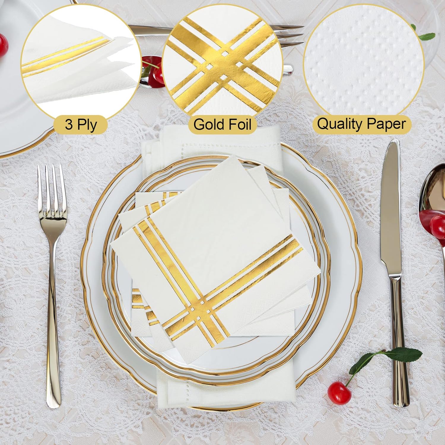 400 Pcs Gold Napkins 3 Ply Cocktail Napkins Folded 5 x 5 Inch Bar Foil Trim Stripe Paper Disposable Beverage Party Decorations for Wedding Baby Shower Birthday Formal Dinner(White and Gold)