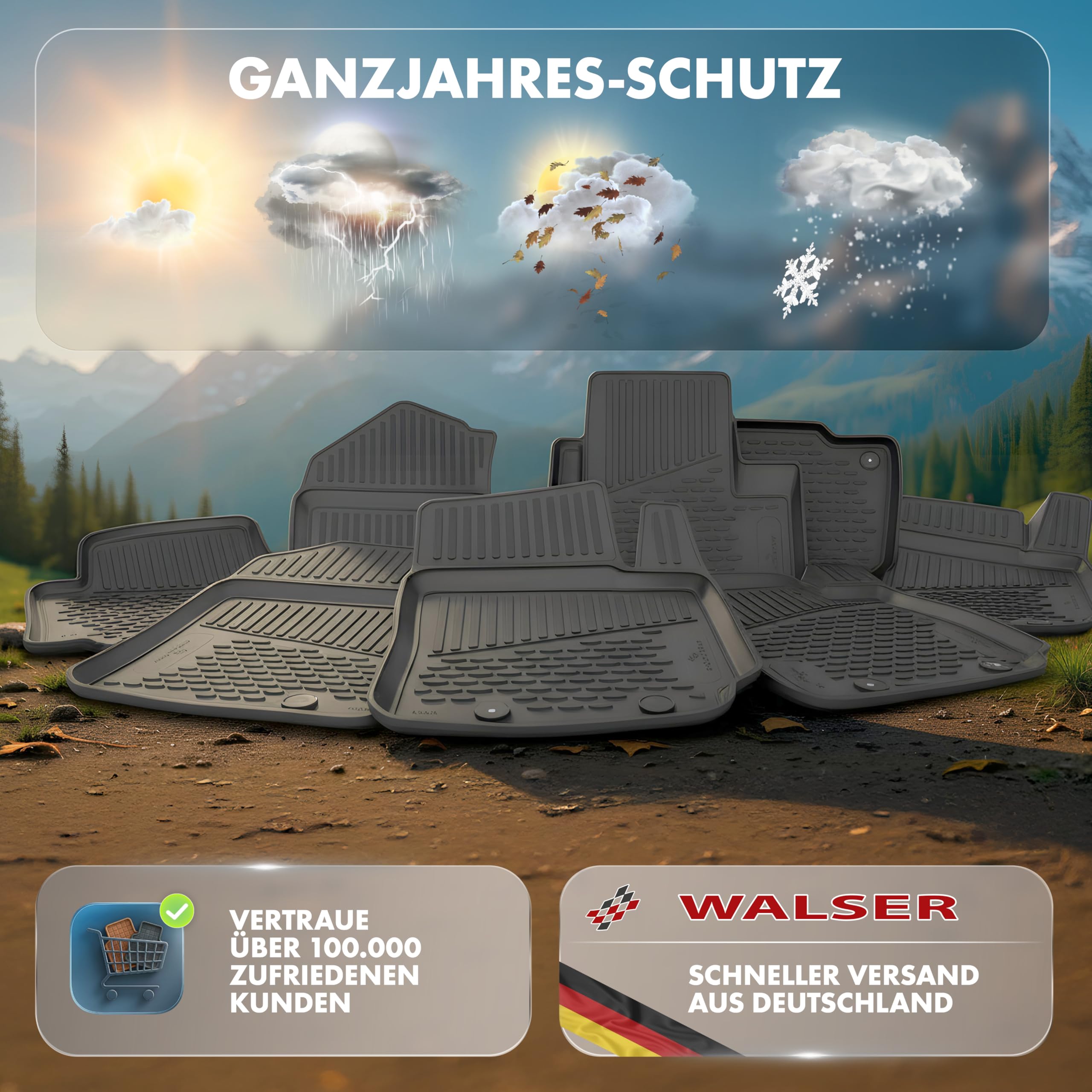 WALSER Kofferraumwanne & Gummi Fussmatten Set für Audi A4 B9 (8W2, 8WC) 2015-2024, 100% passgenaue Auto Fußmatten, Antirutschmatte PKW, Auto Gummimatten