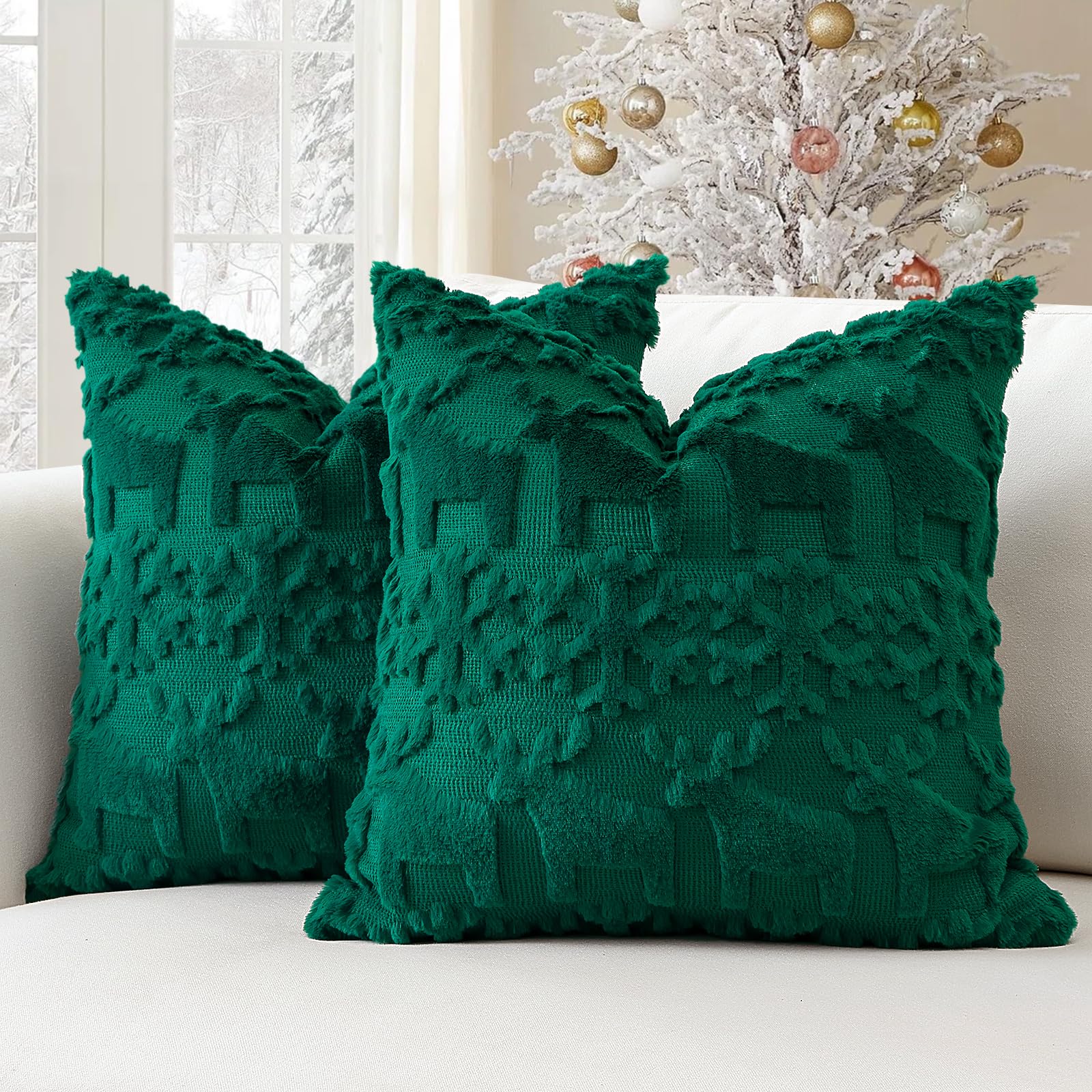Artscope Set of 2 Xmas Soft Plush Short Wool Velvet Decorative Cushion Covers 60x60cm Square Luxury Style Throw Pillow Covers Pillow Shell for Sofa Bedroom Snowflake and Elk Green