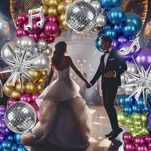 Miniatura 8 de ECEAE Kit de guirnalda de globos metálicos de bola de discoteca, colorido de los años 80 y 90, decoración cromada, 131 piezas en plata, verde, azul,