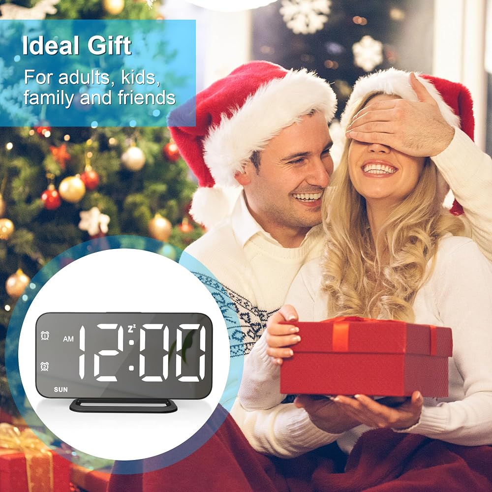 Slim LED Digital Alarm Clock, Mirror Surface for Makeup, with Diming, Large Display, Easy Setting, USB Ports, Modern Decor for Bedroom, Desk, Idea Holiday Gift for Women, Sister, College Girl, Black