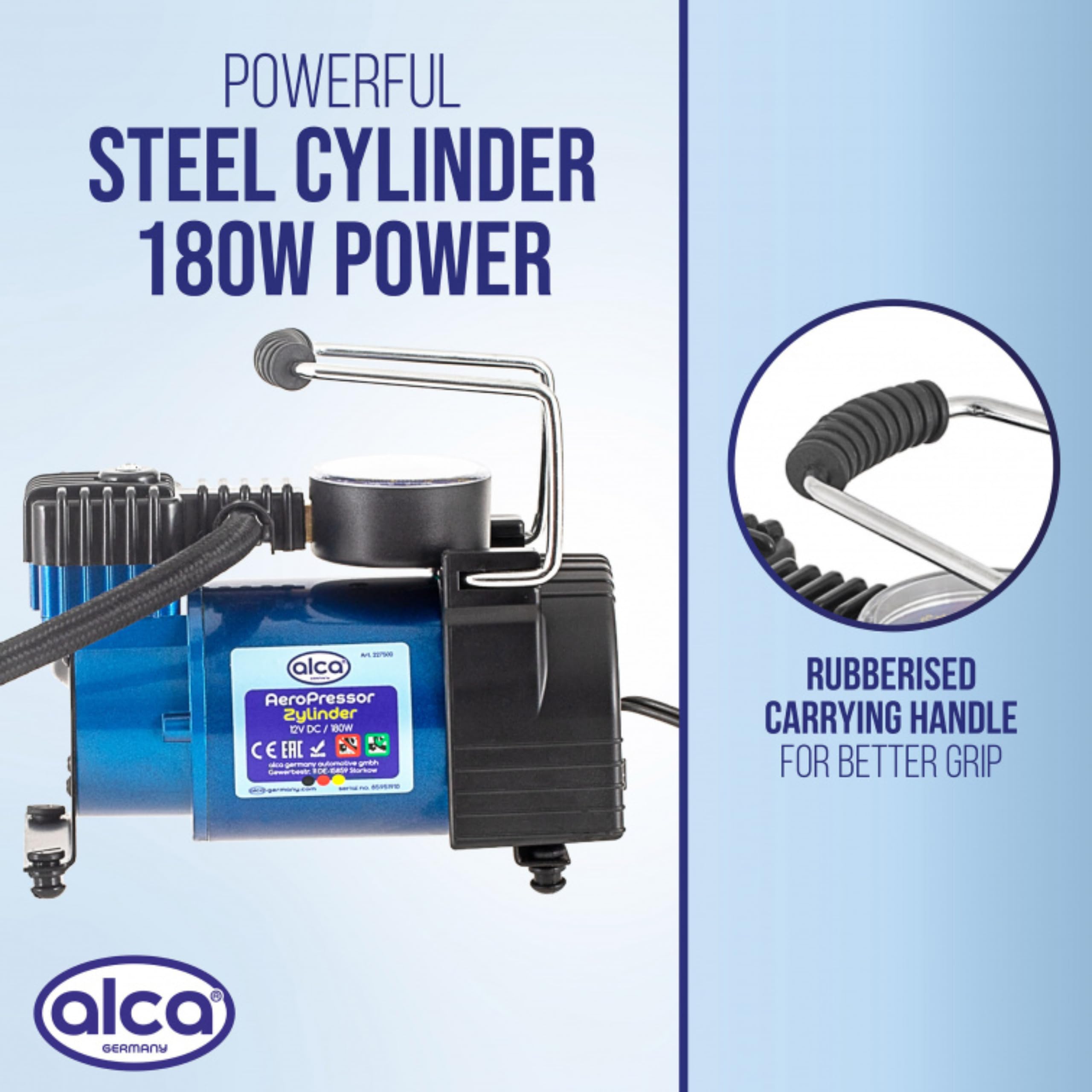 Premium ALCA Niemcy poręczna pompa sprężarki powietrza 12 V, 35 l, 7 barów, 100 PSI, podświetlany manometr, adaptery, wszystkie typy pompowania opon, wtyczka papierosowa, przewód zasilający 11,5 m