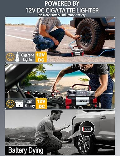 Miniatura 6 de GSPSCN Compresor de aire portátil digital de doble cilindro resistente, inflador de neumáticos de metal de 12 V con adaptador y medidor de presión