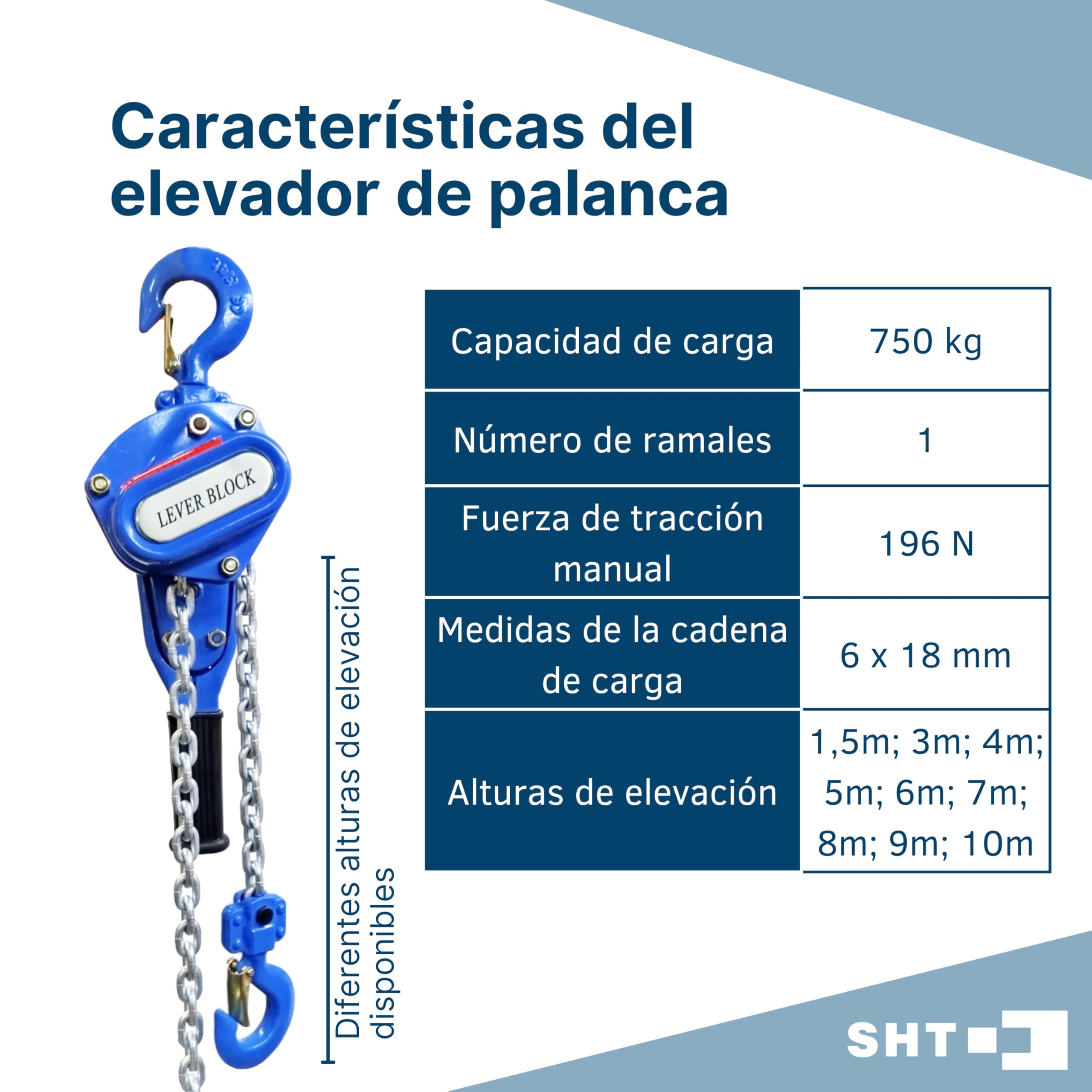 Polipasto de trinquete SHT/elevador de palanca/polipasto manual | Capacidad de carga: 1500kg | Altura de elevación: 4m