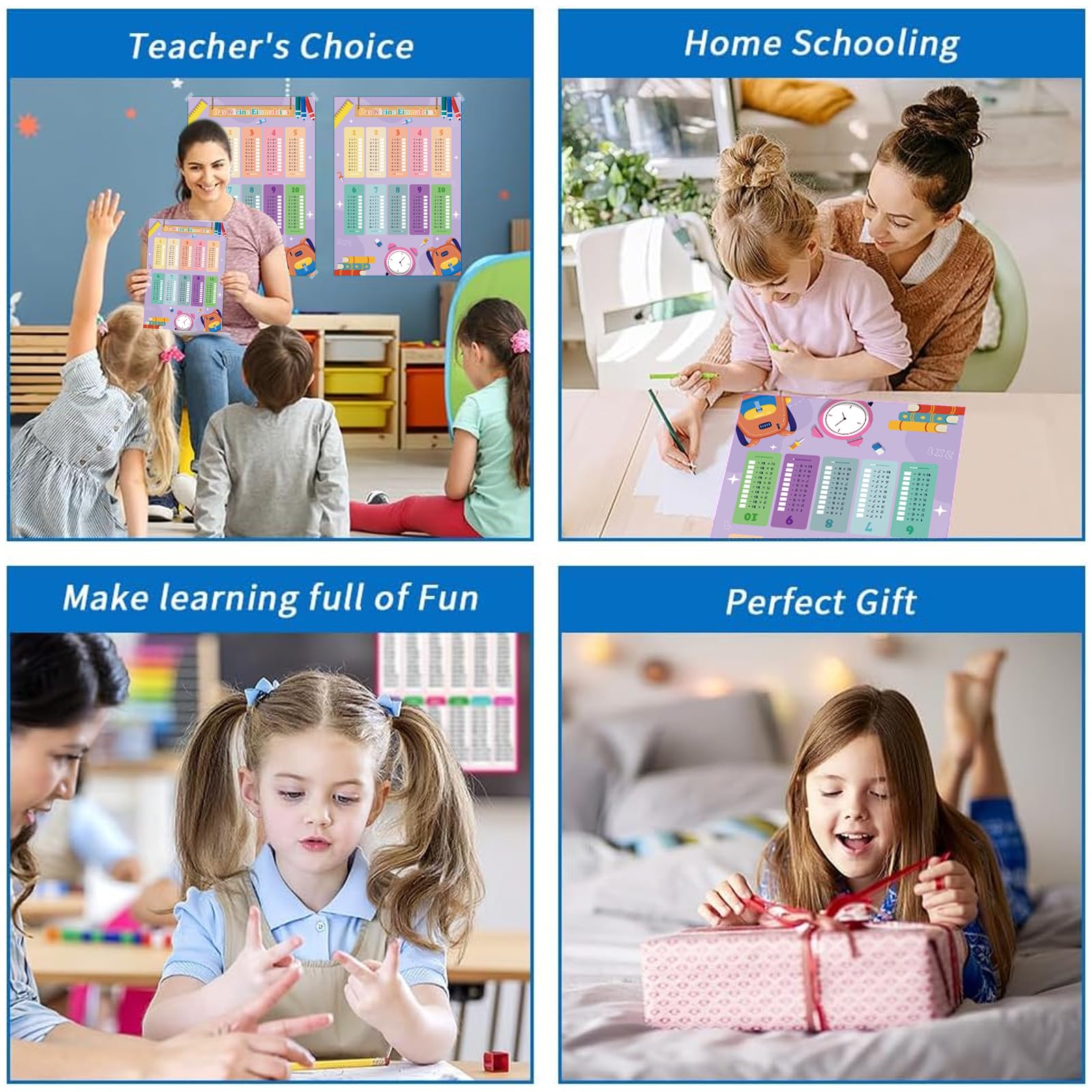Póster de aprendizaje 1x1 para niños con 4x hojas de ejercicios, entrenador de tablas de multiplicar para niños