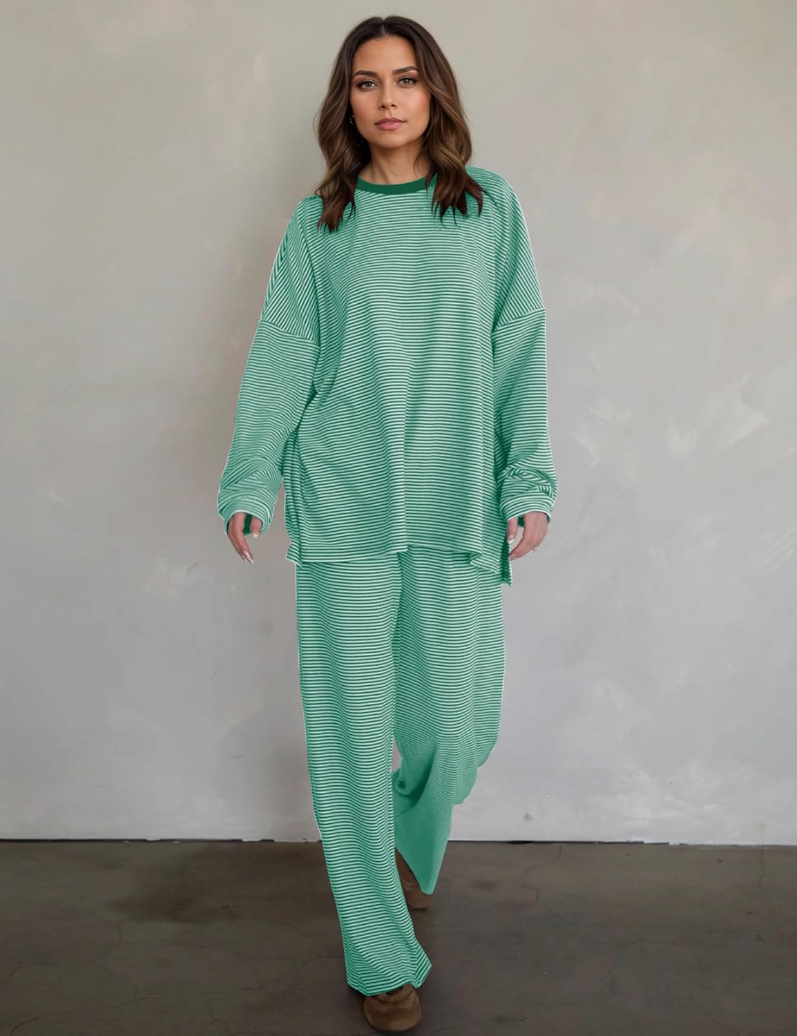 Women Striped 2 Piece Lounge Set Long Sleeve Oversized T Shirts Wide Leg Pants Matching Sets Casual Comfy Pajama Sets Dark Green - Image 2