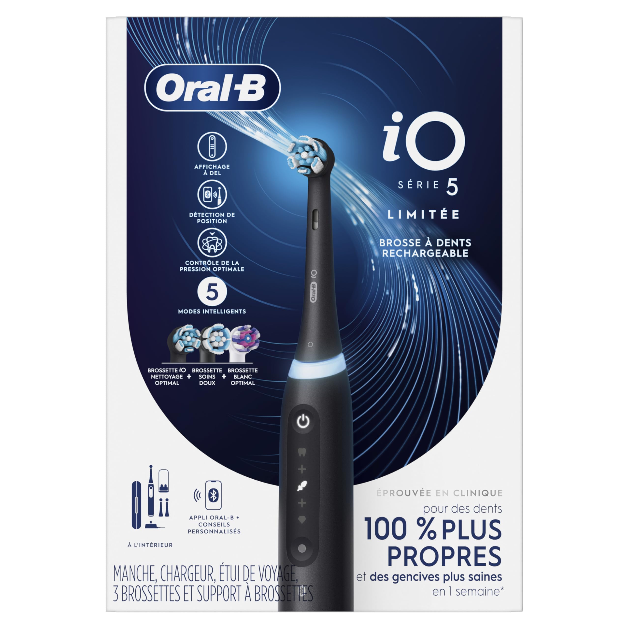 Oral-B iO Deep Clean + Whiten Rechargeable Electric Toothbrush with Visible Pressure Sensor, 2 Minute Timer, 5 Cleaning Settings, 1 iO5 Limited, 3 Toothbrush Heads, Travel Case & Refill Holder, Black