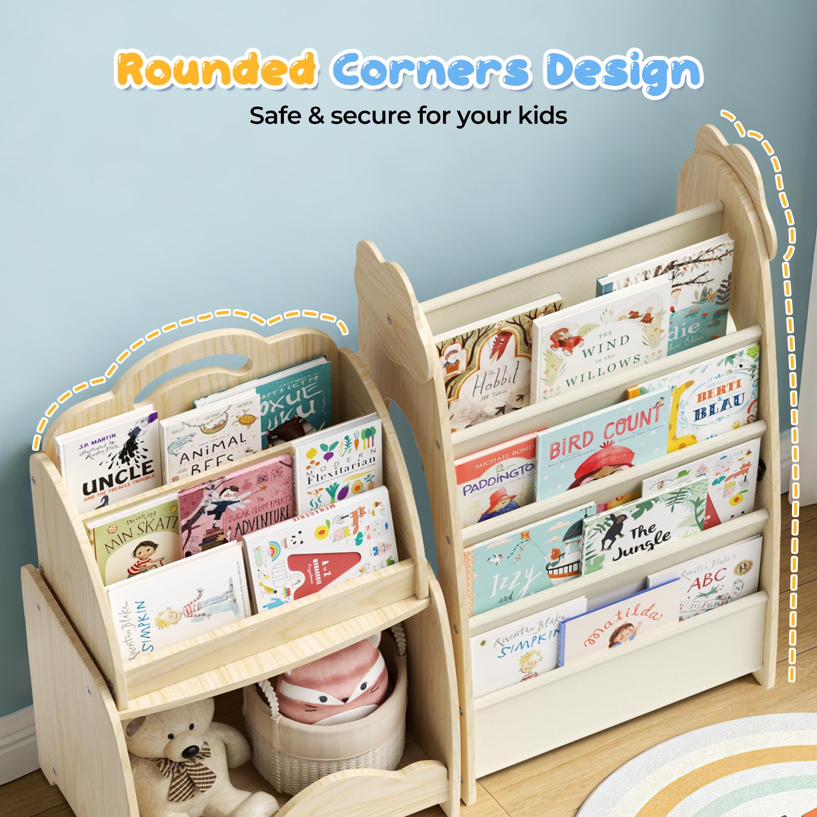 Kinderregal, 3-in-1 Kinderbücherregal und Spielzeugaufbewahrungsregal mit Hängetasche, Tragbares Bücherregal mit Griff, Aufbewahrungsregal aus Holz für Schlafzimmer und Spielzimmer (Abnehmbar)