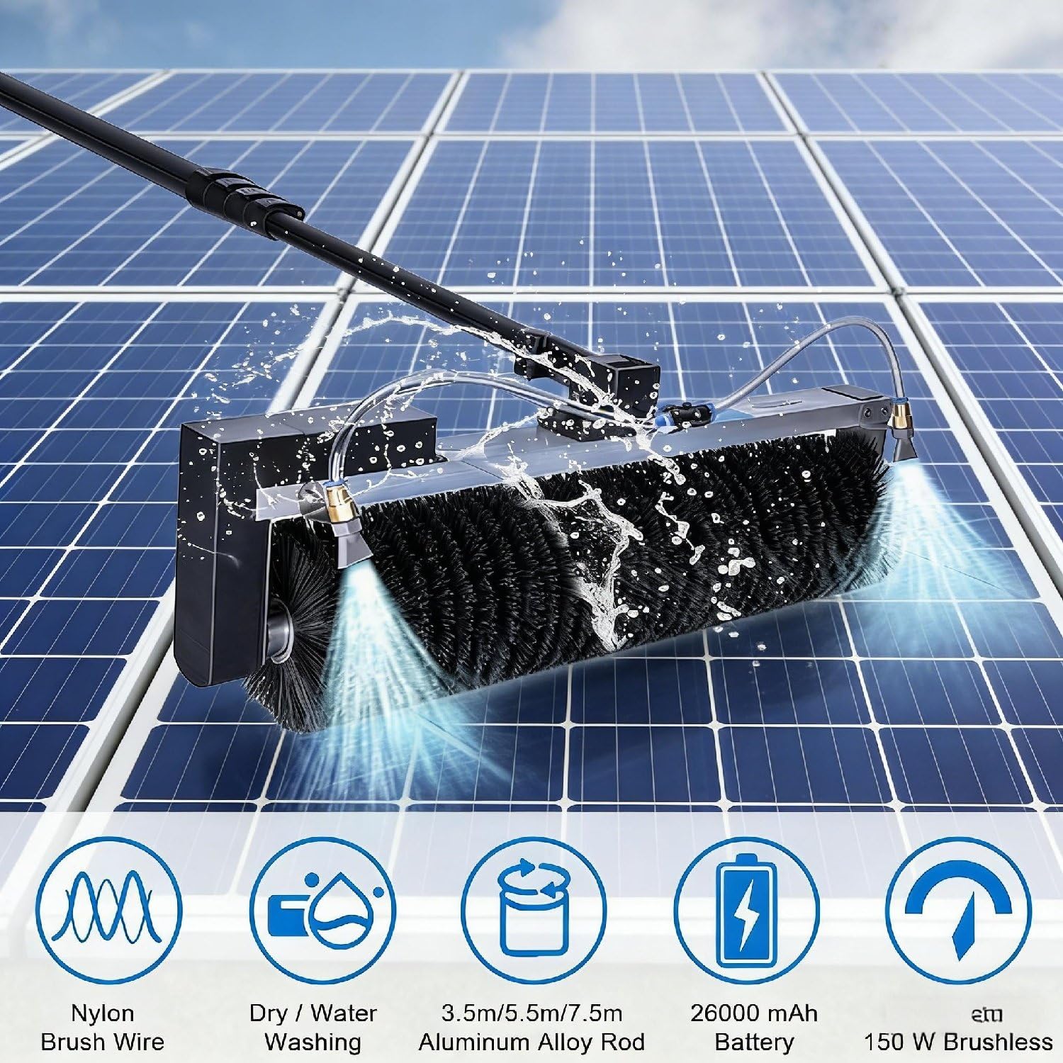 Cepillo telescópico para Limpiar Paneles solares, ángulo Ajustable de 360°, Mango de 5,5 Metros para Cristales de caravanas, letreros de Tiendas y Vallas publicitarias.