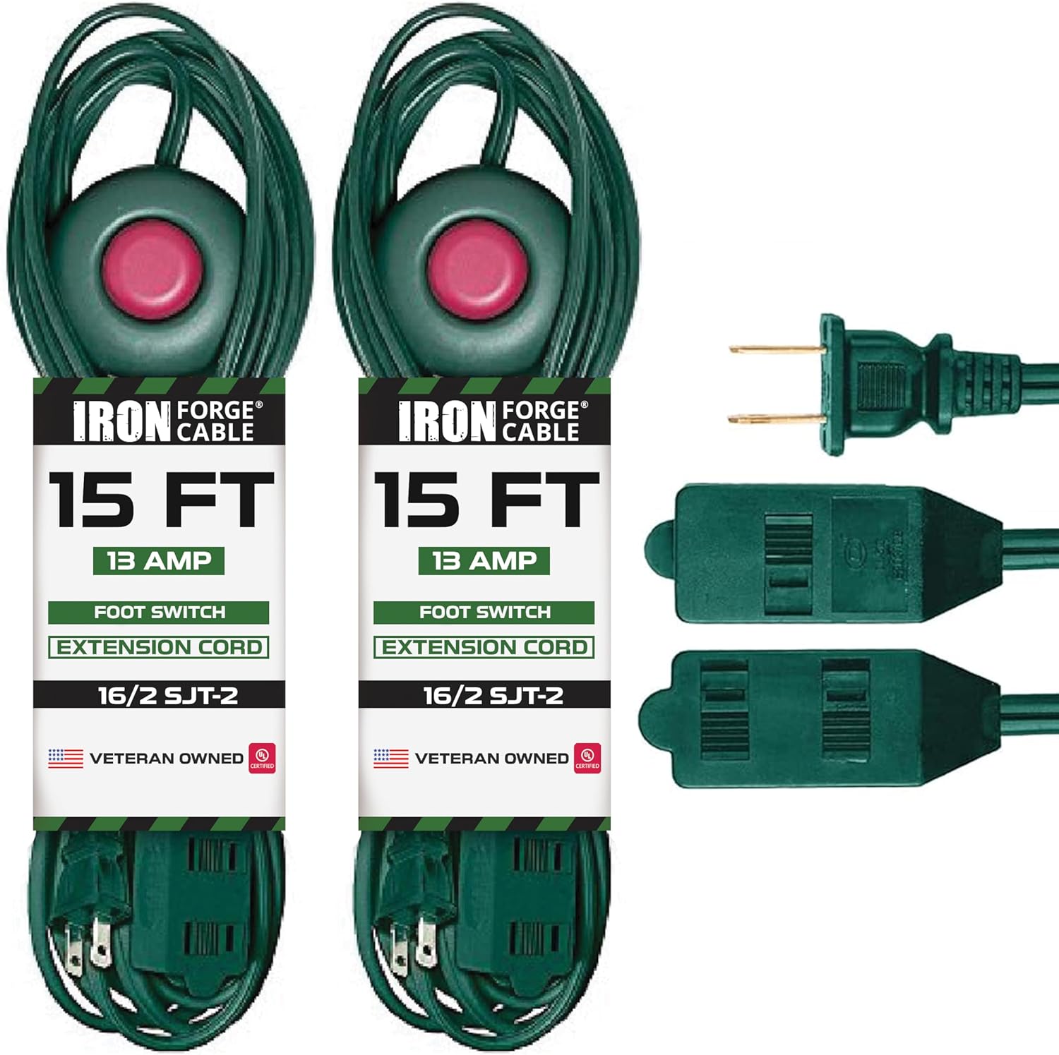 Iron Forge Cable 3 Outlets Foot Switch Extension Cord 15 ft, 2 Pack, 13 Amp Green Extension Cord with Foot Tap Switch Multiple Outlets, 16/2 Indoor Lamp Cord with Multiple Plugs 15 ft
