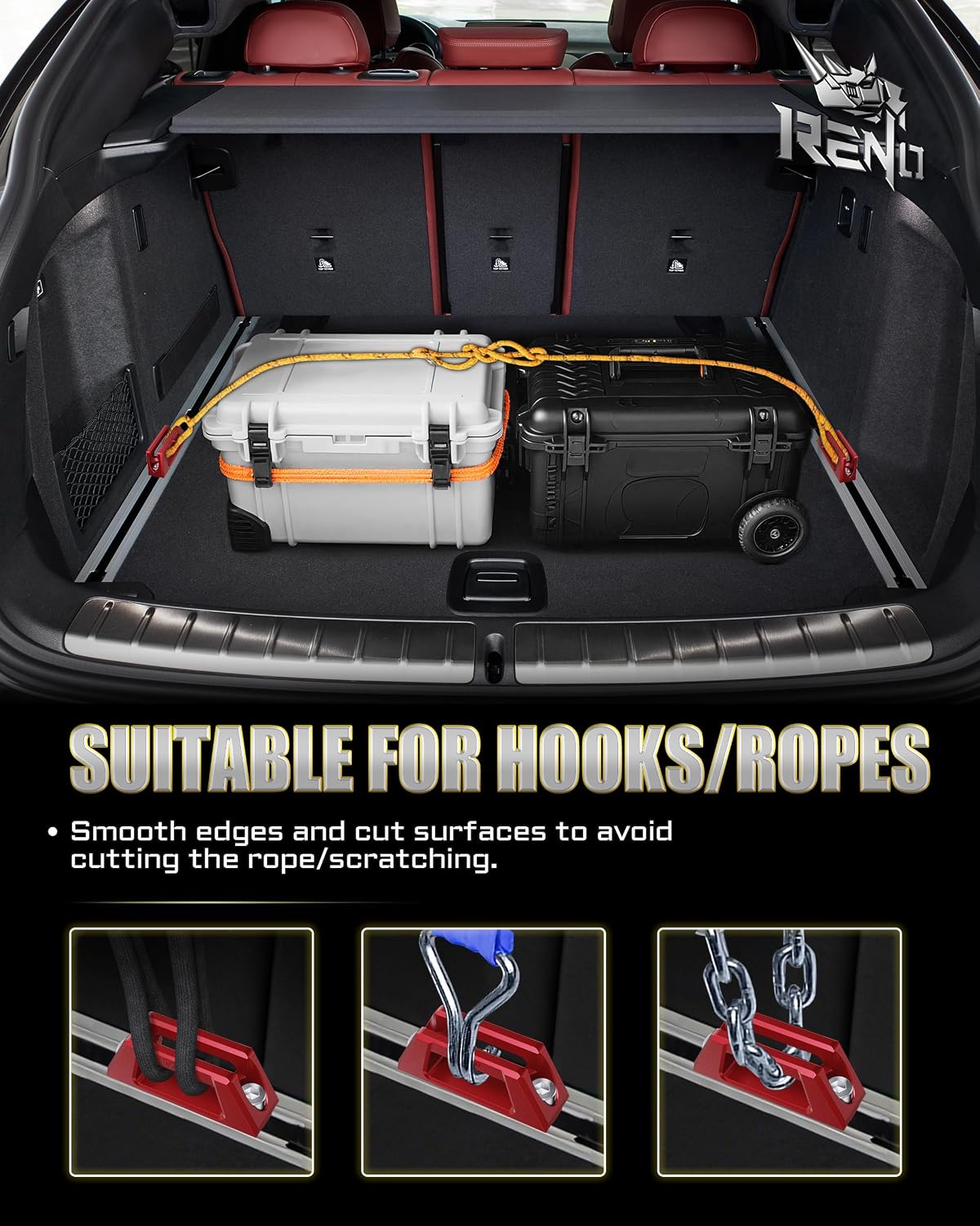RENO Tie Down Anchors, Bed Rail Cleats for Rear Trunk Cargo Luggage Lashing Rail Compatible with X3 X4 X5 X6 Hybrid, Replaces 51477146024/51473400537/51477331198/51-47-7-146-024 (Aluminum, Red, 2PCS)