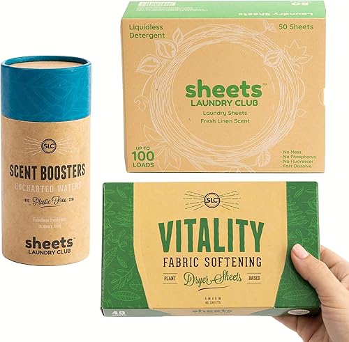 Sheets Laundry Club - Kit de lavandería todo en uno. - Ligero - Disfruta de 50 hojas de lino fresco de disolución rápida, tubo de refuerzo de aroma