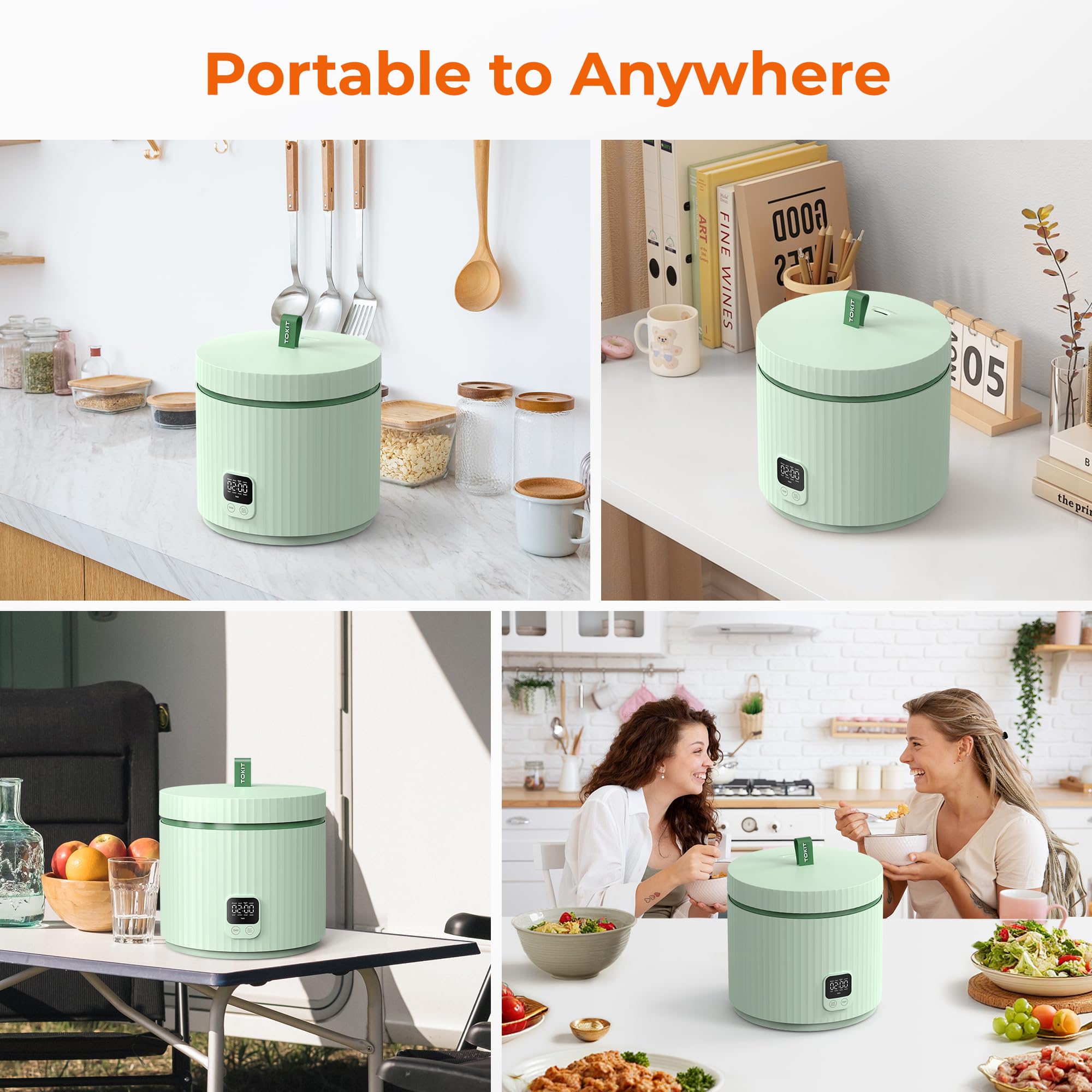TOKIT Reiskocher 1.5L Mini Elektrische Reis Kocher, Multifunktionskocher mit Keramik Antihaftbeschichtung Innen Topf, 350W Leistung für 1-3 Personen (Grün)